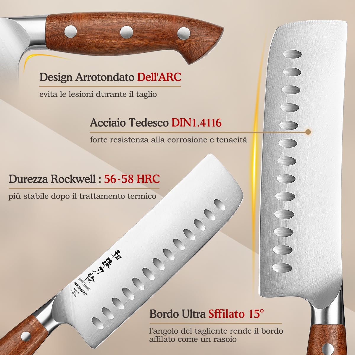 HEZHEN Acciaio Inox Coltelli Usuba e Nakiri, Stile Giapponese Coltello da Cuoco Cinese Professionale，Mannaie per Carne Verdure, Manico in Redwood