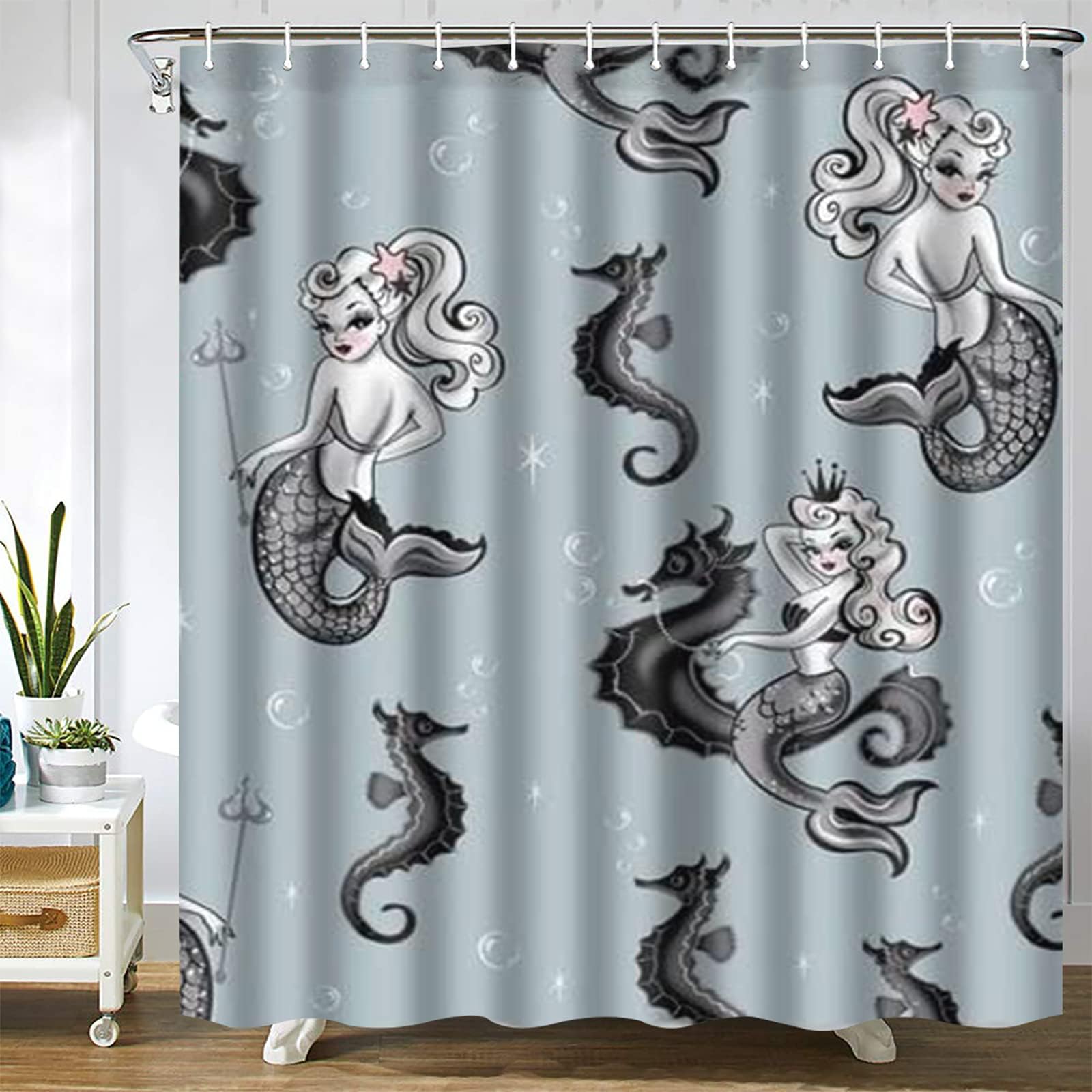 Gaakvrr Shower Curtain Vintage Mermaid Art with Trident & Sea Princess Waterproof Bathroom Curtain Set with 12 Hooks (180x180 cm)
