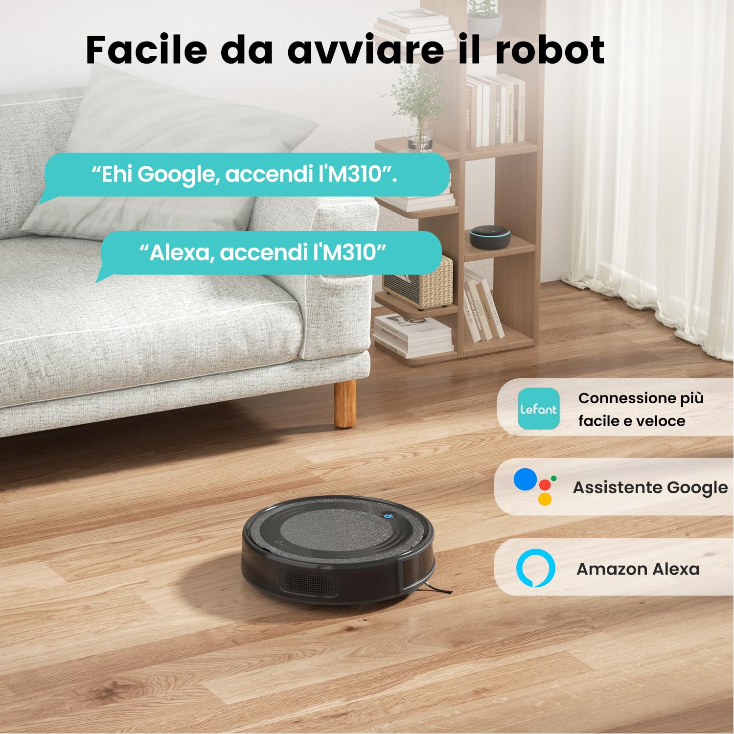 LEFANT M310 Robot Aspirapolvere 4500Pa,Evita Precisamente gli Ostacoli,Autonomia 180min,Wi-Fi/App, Antigroviglio Aspirapolvere Robot Ideale per Peli di Animali Domestici, Peli e Pavimenti Duri,Nero