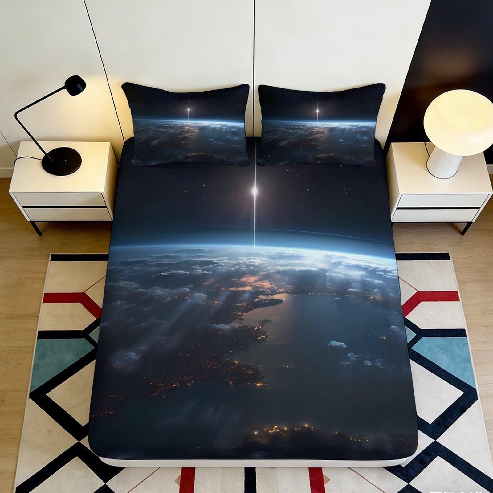 3D Printed Earth Sunrise Fitted Sheet Microfiber Soft Durable Space Horizon Mattress Cover Bedroom Decor 90x200x25cm