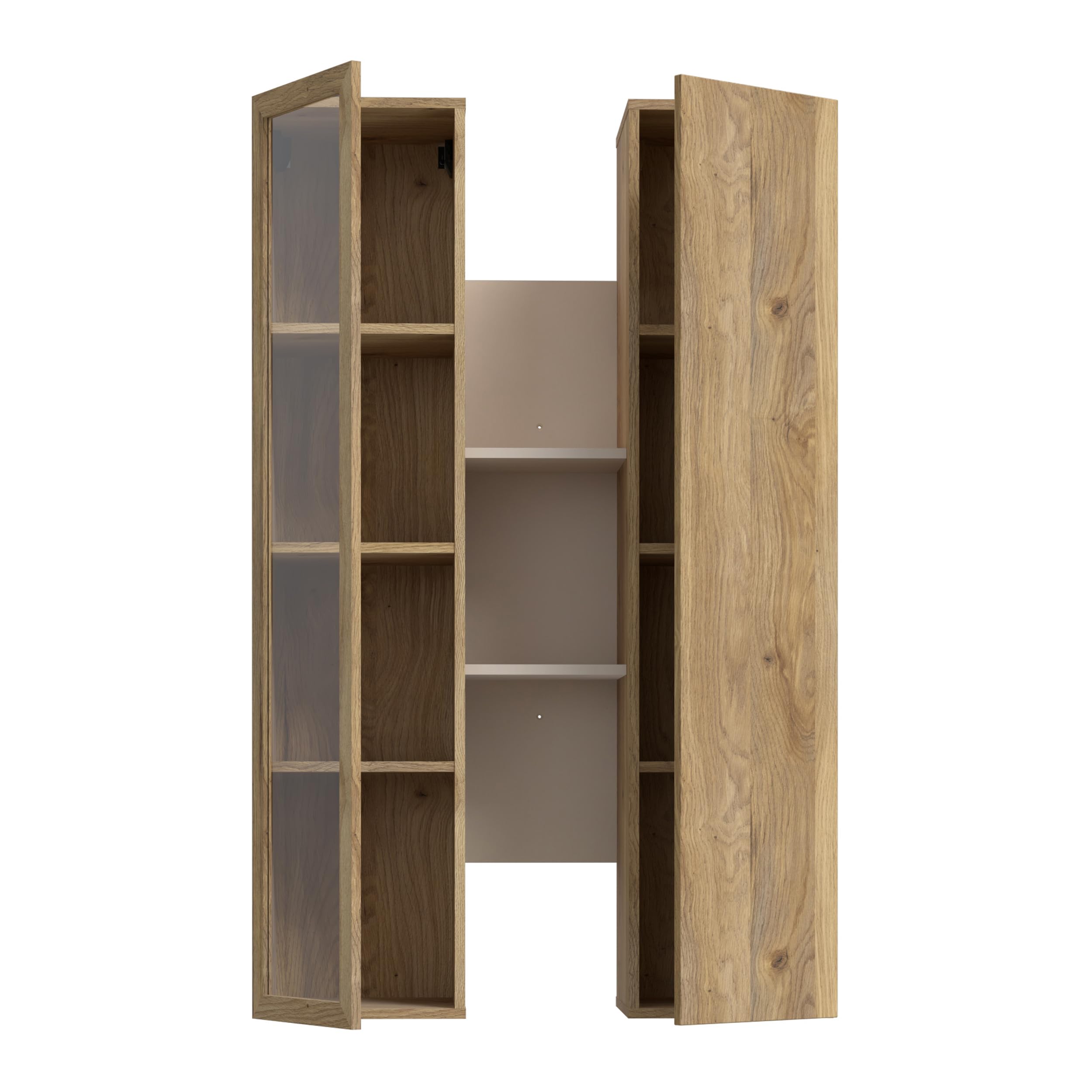 Forte BREATHTAKER Hängevitrine 80 90, moderner Skandi-Stil, 2-türig, beleuchtet, offene Ablage, Wandmontage, Beige/Mauvella Eiche Holzdekor, 84,2 cm breit x 134,6 cm hoch x 33,9 cm tief