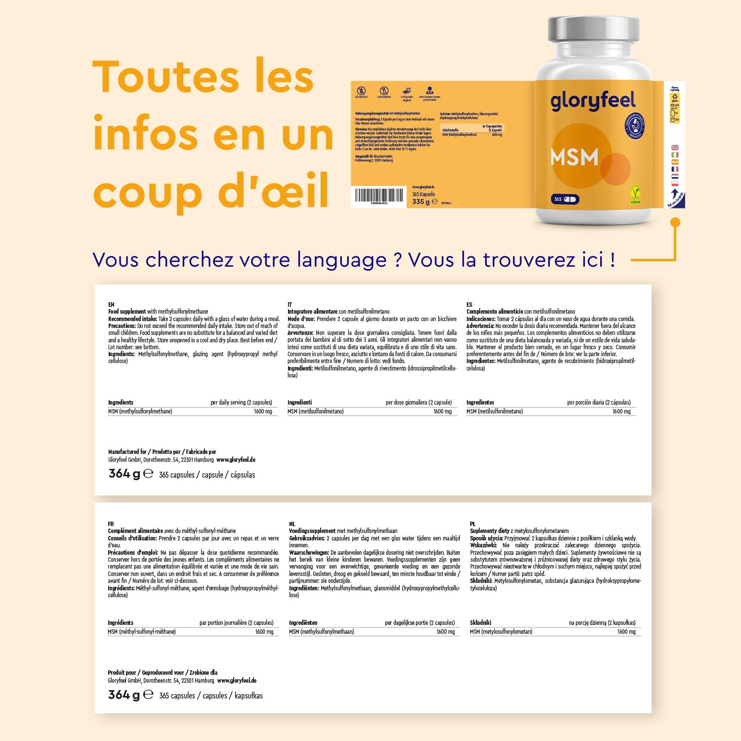 MSM Pur avec 99,9% de Méthylsulfonylméthane (365 Capsules), Soufre MSM Hautement Dosé (1600 mg par dose quotidienne), 100% Végétalien, Sans Additifs, Testé en Laboratoire