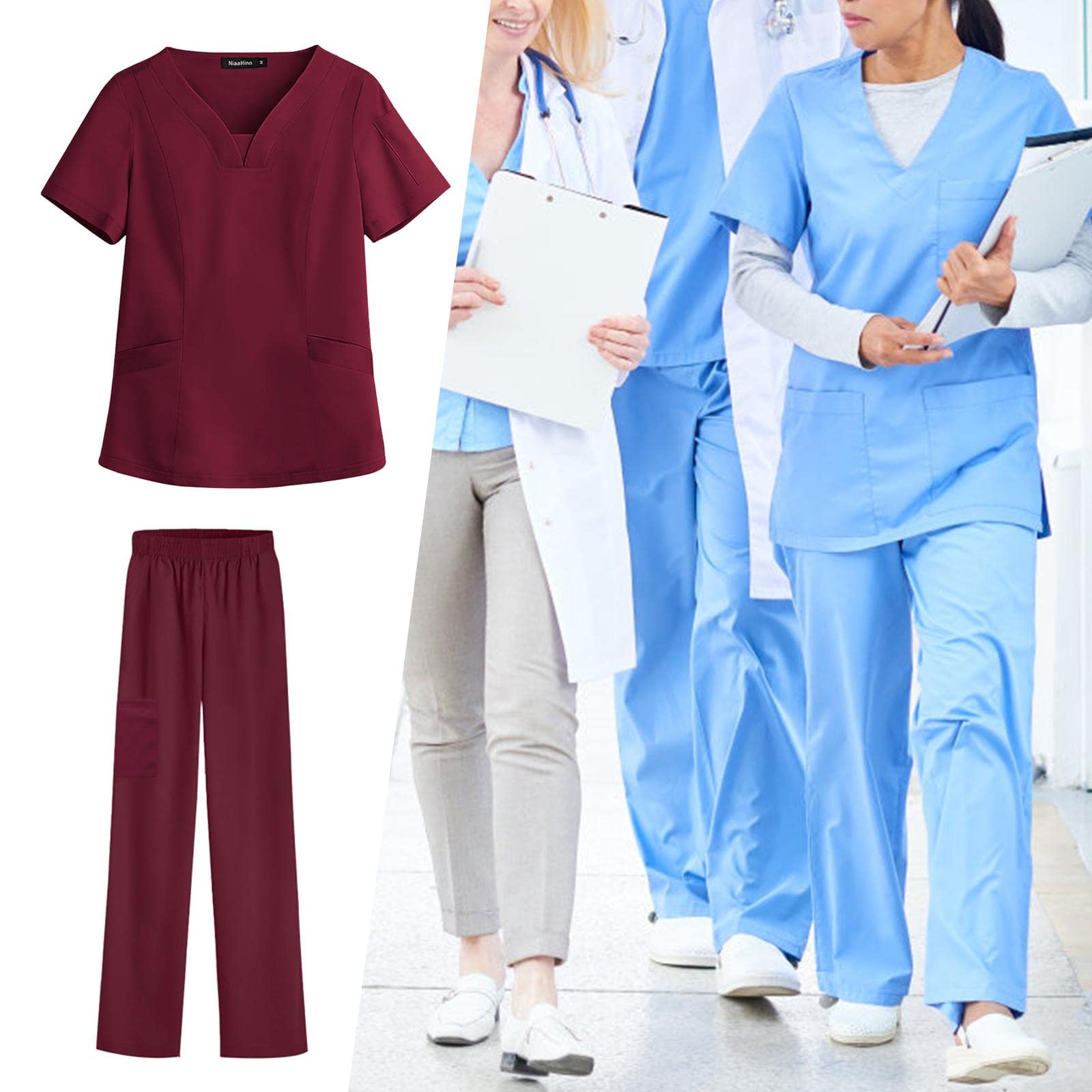Uniforme Da Infermiera Donna Completo Lavorativo con Pantalone E Casacca Tessuto Poliestere Leggero Traspirante E Soffice Sulla Pelle Struttura con Ta