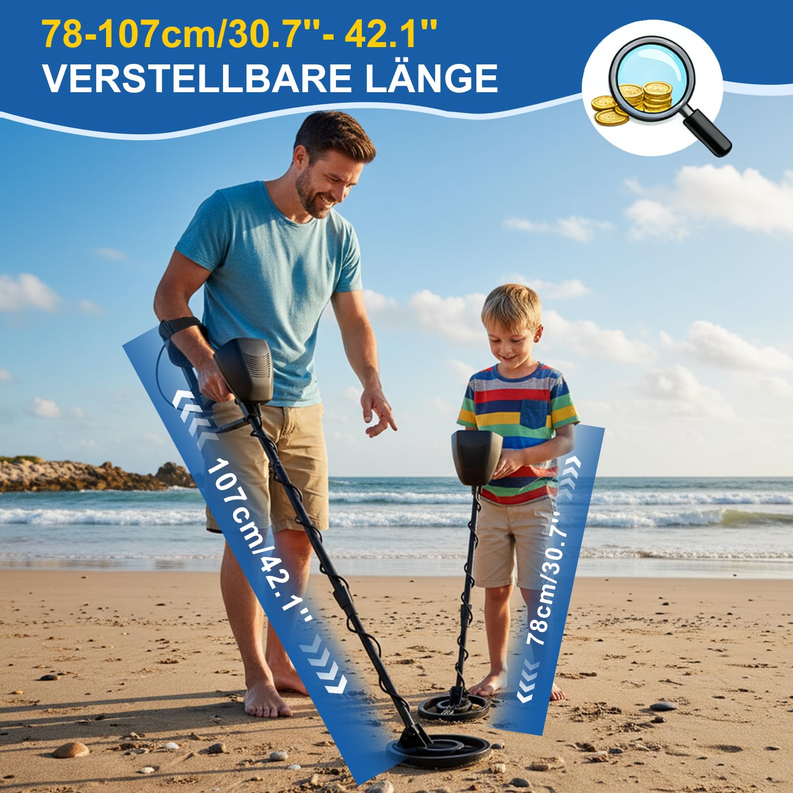 Metalldetektor, Metalldetektor Profi für Erwachsene Anfänger und Kinder - Leichter Hochpräziser Metalldetektoren mit Schaufel, Batterie & Wasserdichter Suchspule verstellbarem Länge (78–107 cm)