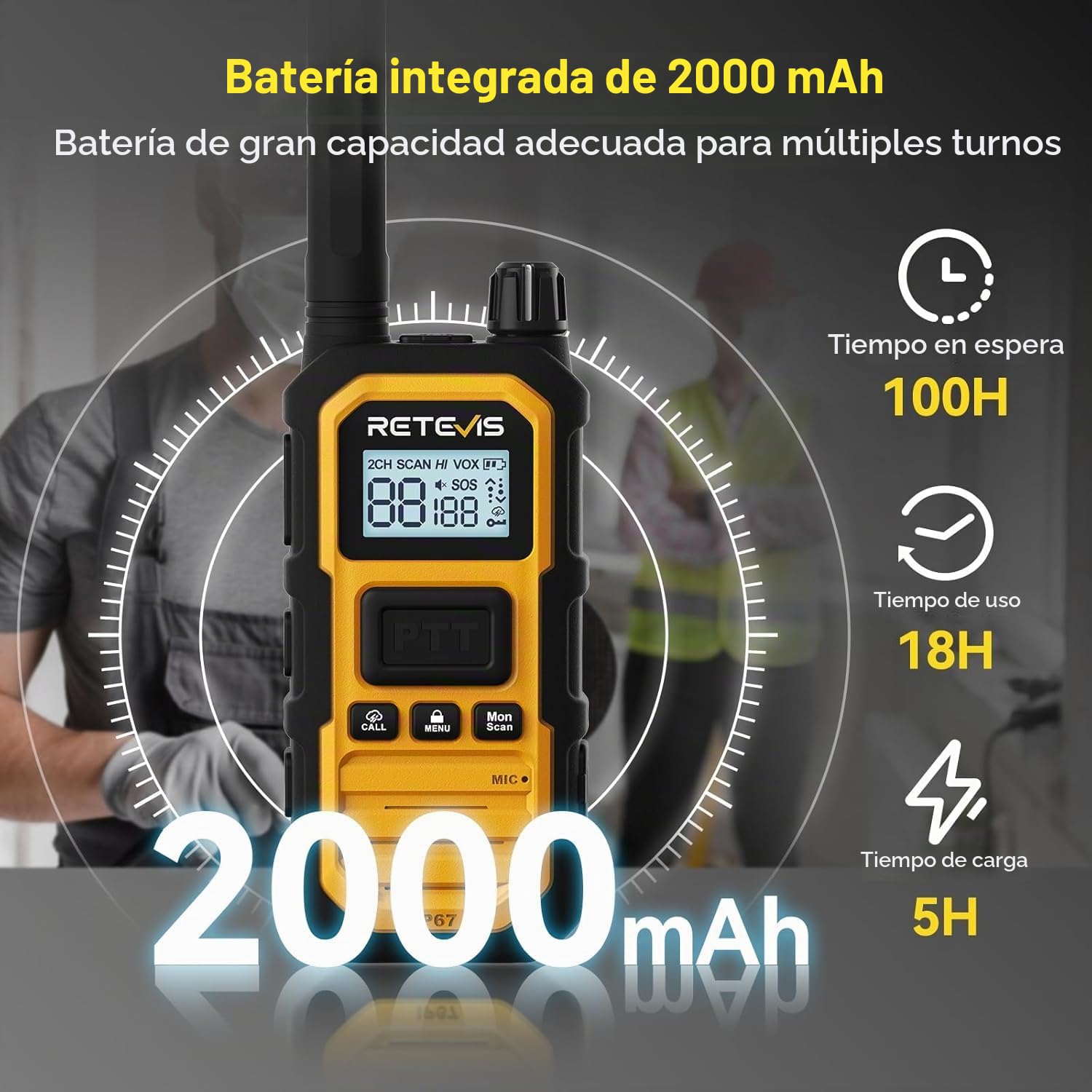 Retevis RB648Plus Radio Bidireccional, Walkie Talkies de Largo Alcance | Impermeable IP67 Walkie Talkie Profesional, 2000 mAh, Dual PTT, Alarma de Emergencia Entornos Hostiles (4 Piezas, Amarillo)