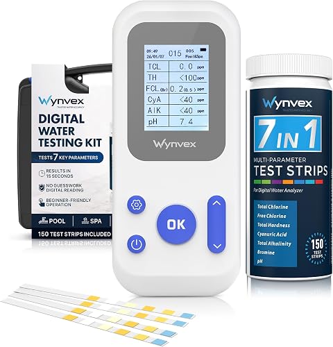 Digital Pool Water Test Kit with Digital Reader, Wynvex 7-in-1 Water Testing for Chlorine, Bromine, pH, Alkalinity & More, Includes 150 Test Strips for Pools