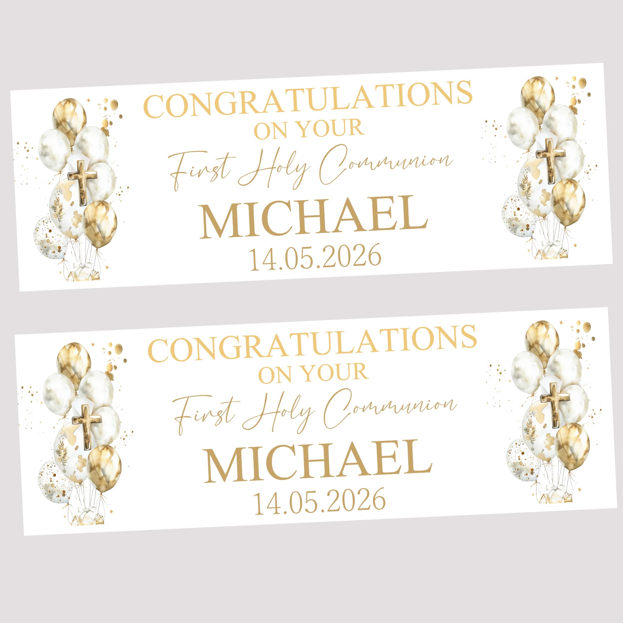 First Holy Communion Party Banner, Personalised, Gold Balloons Design, Banner For Boys or Girls, Decorations, Decor