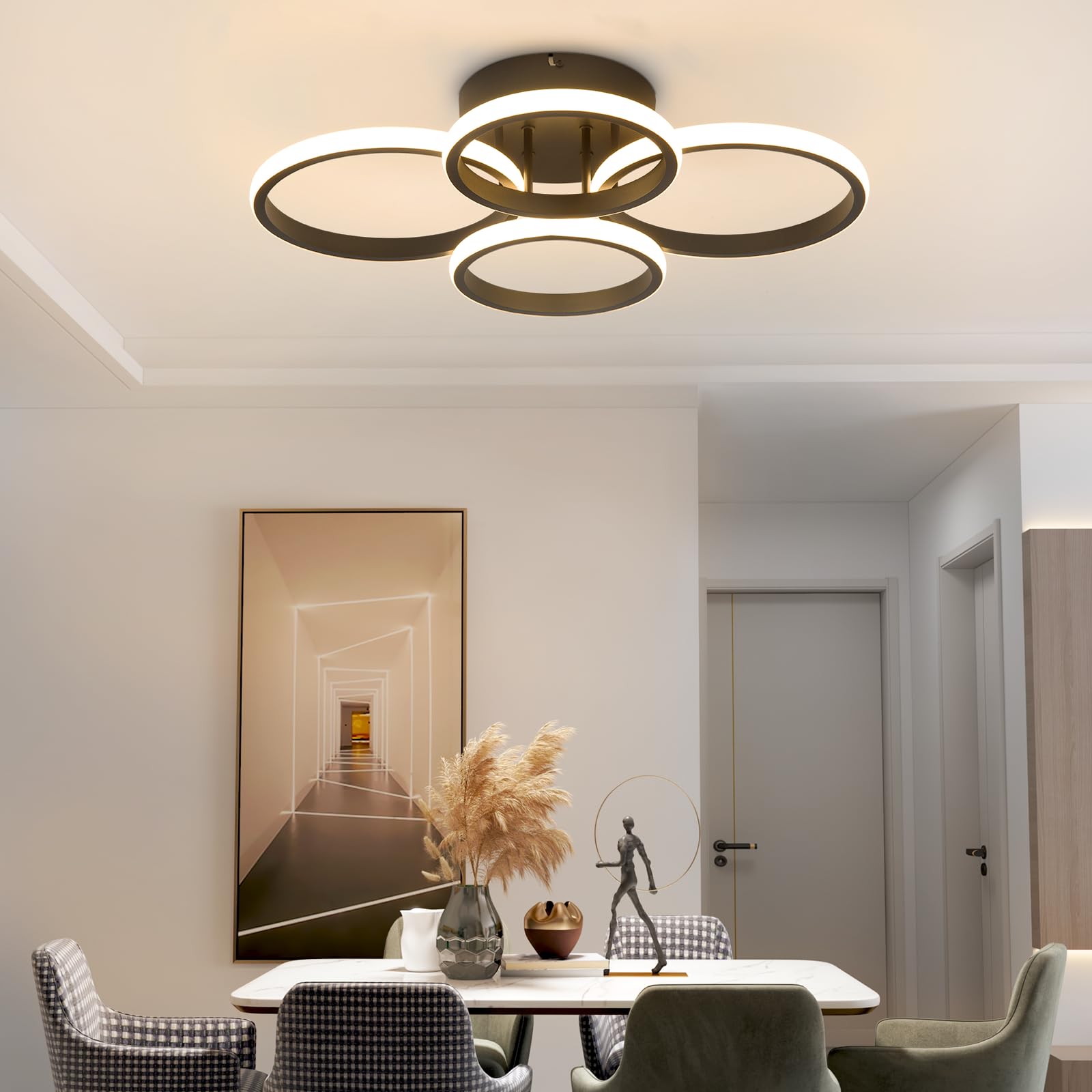 GBLY LED Deckenlampe Wohnzimmer: Deckenleuchte 55cm Küche Dimmbar Modern | Schwarz 48W Schlafzimmerlampe 4 Ring Design Deckenlampe Flur Büro Schlafzimmer Lampe mit Fernbedienung