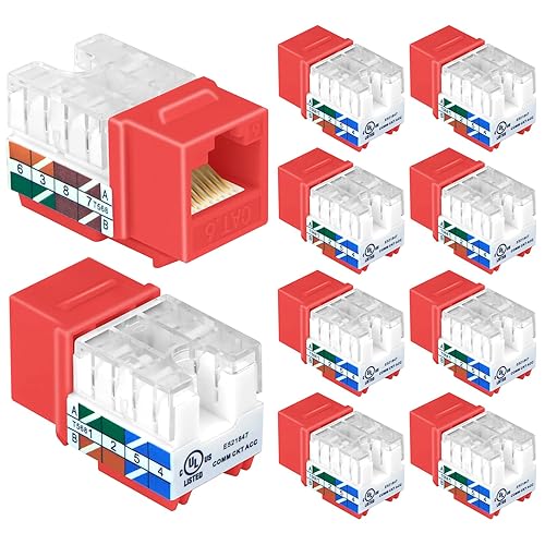VCELINK RJ45 Cat6 Keystone Jacks Slim Profile UL Listed 10-Pack, 90 grados Ethernet Punch Down Keystone Jack Adapter en rojo