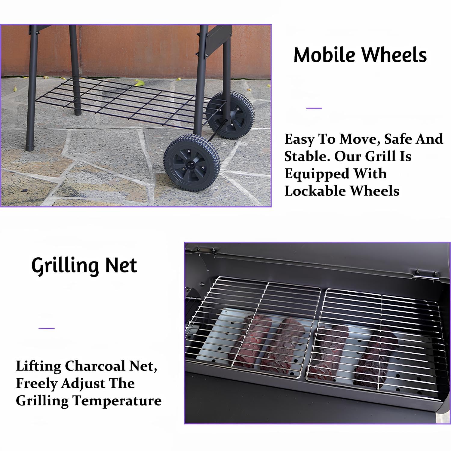 Barbecue A Carbone con Carrello, Barbecue A Carbonella con Tavolo Anteriore Pieghevole, BBQ Smoker Griglia Grande con Termometro Dotato di Due Aree di Cottura E Ripiano Inferiore