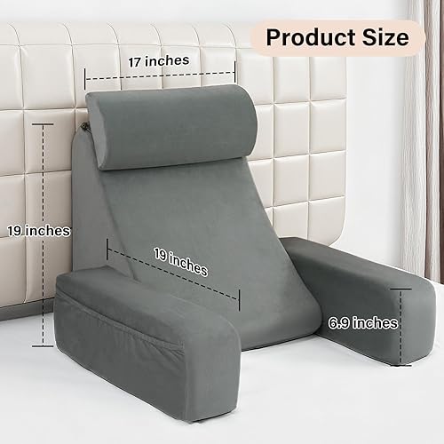 Miniatura 4 de ENITYA Almohada de apoyo de espalda de 19 pulgadas, almohada de lectura con brazos y bolsillos grandes integrados, funda extraíble lavable, cuña