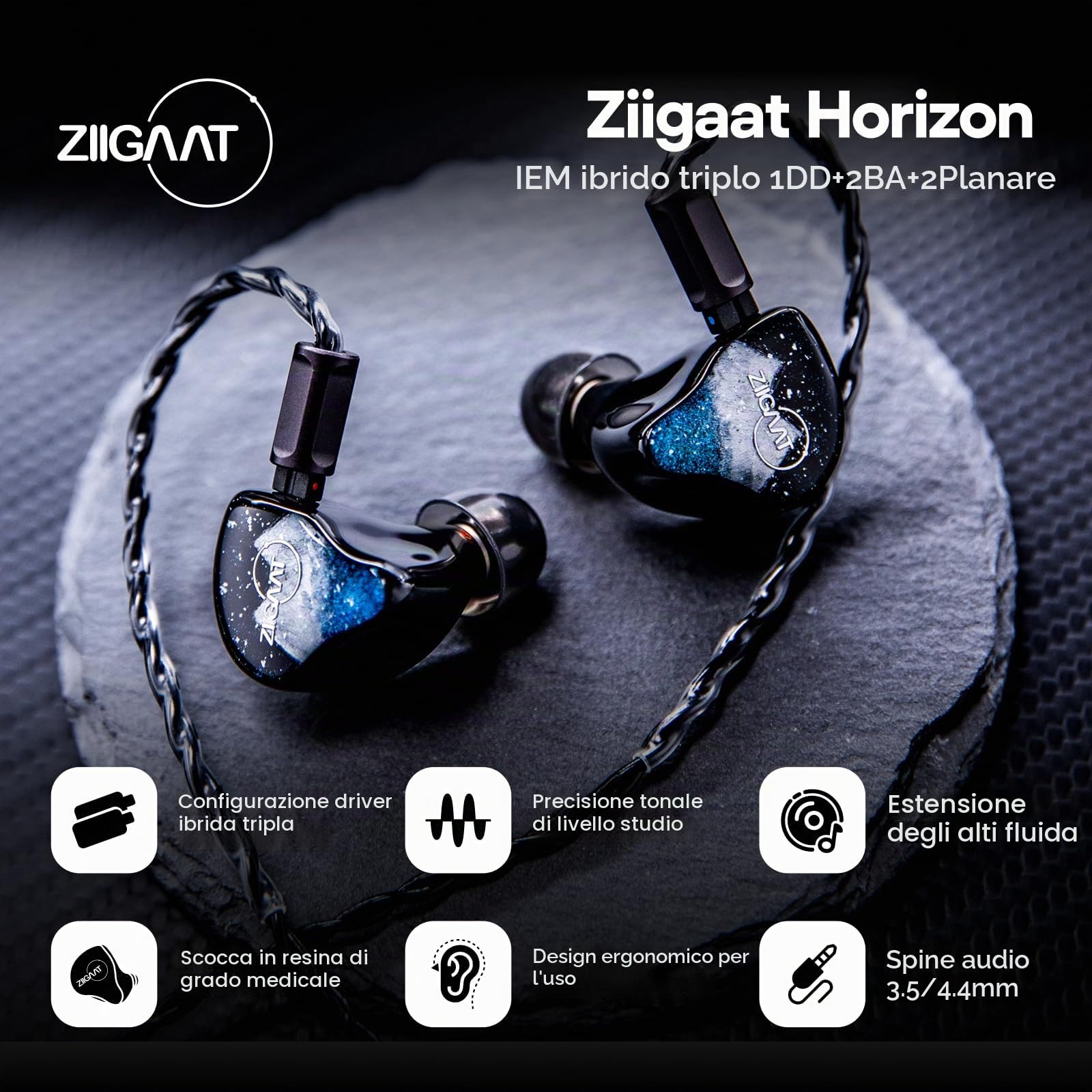 Linsoul ZiiGaat Horizon In Ear Monitor, Cuffie Cablate HiFi 1DD+2BA+2Planar, Cuffie da Studio IEM, Accordatura Bilanciata Naturale con Estensione degli Alti Lisci come il Burro per Musicisti Audiofili
