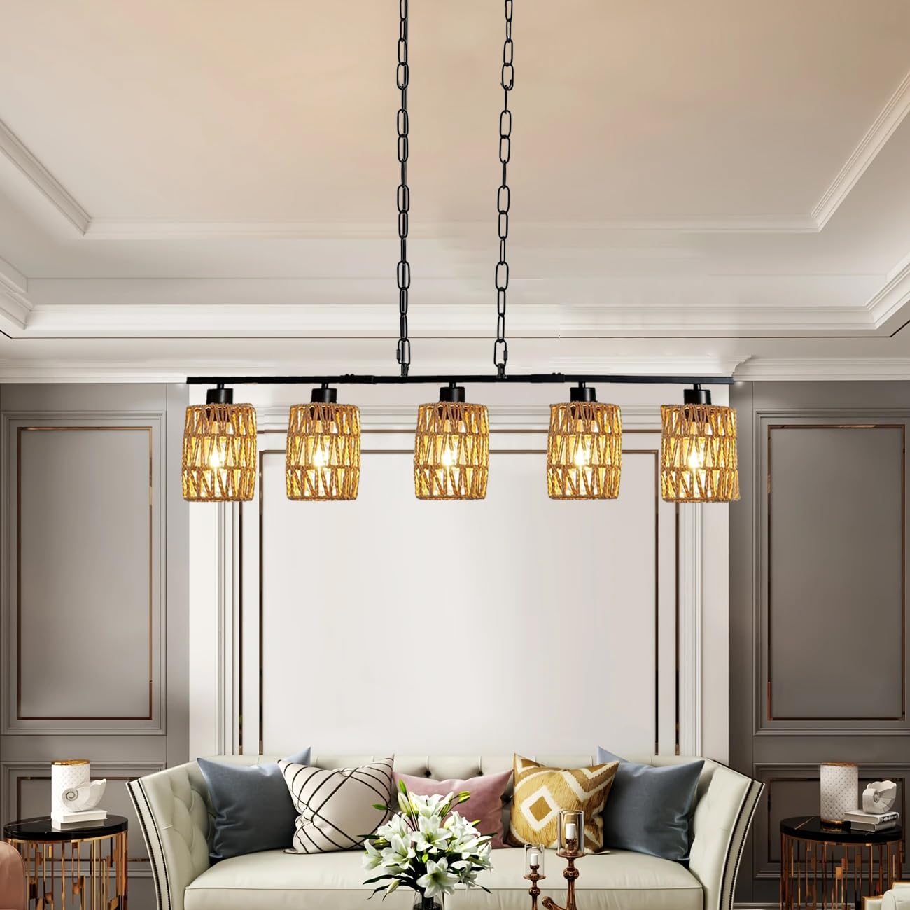 Pendelleuchte Rattan Schwarz 5 Flammige, Hängelampe Esstisch Boho HöHenverstellbar E27 Rustikal Retro Hängeleuchte Esstischlampe Hängend Vintage Metall für Küghe Esszimmer Wohnzimmer Bar Restaurant