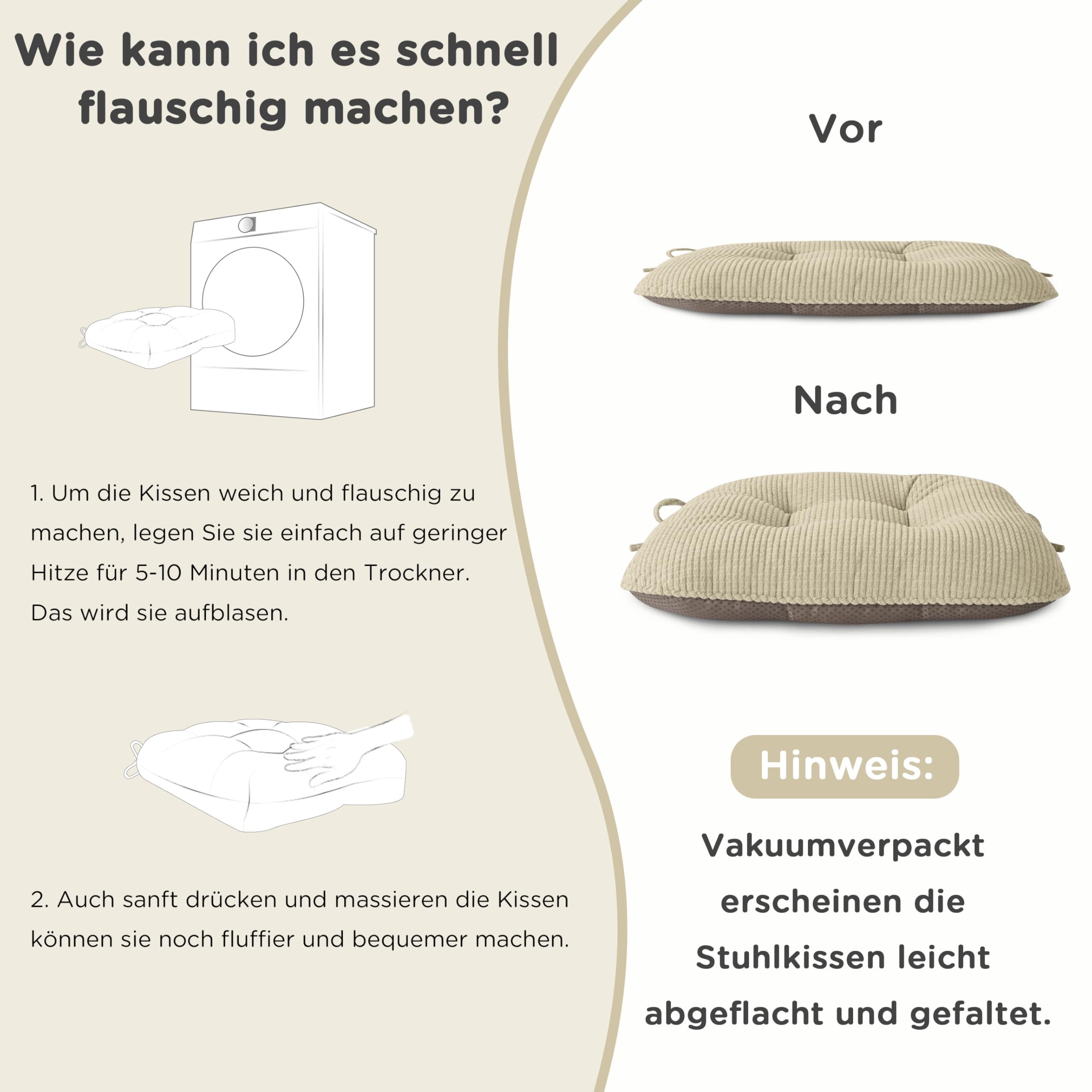 AddGrace Sitzkissen für Esszimmerstühle mit Bändern 43x40cm 4er Set Beige