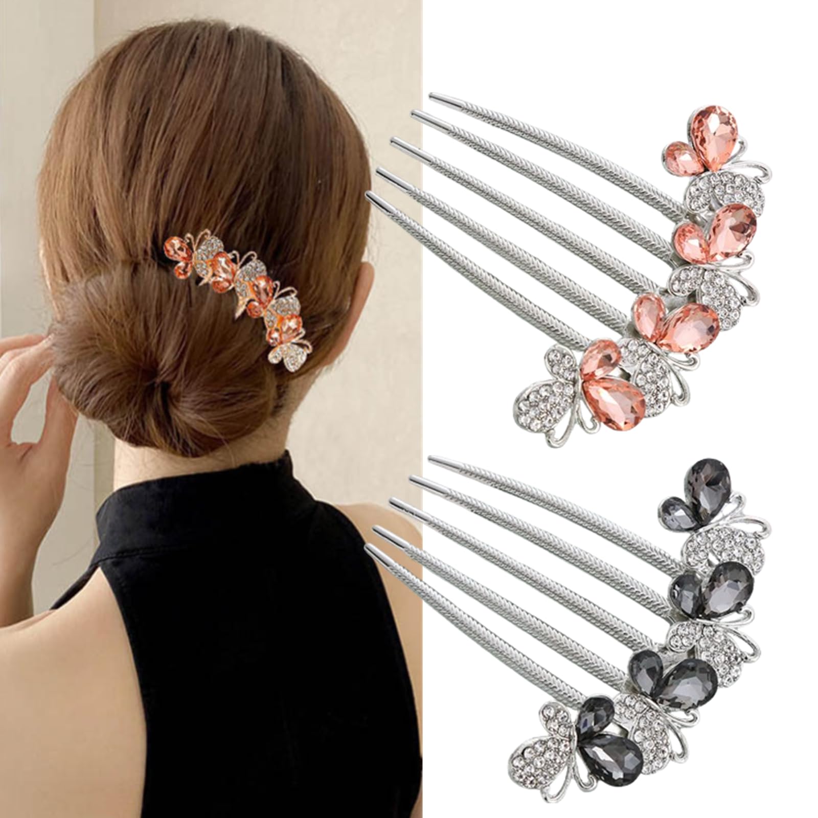 JLEivvi 2 PCS Crystal Rhinestone Butterfly Hair Combs, 5-Teeth Vintage Side Combs for Wedding Bridal, Party & Daily Wear - Image 3
