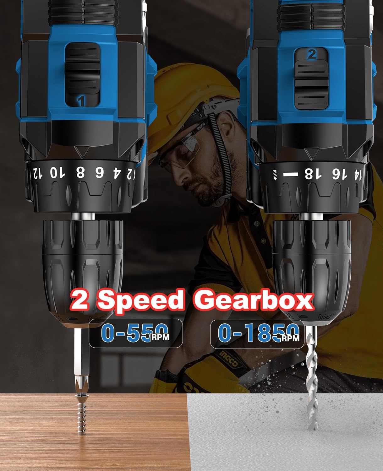 Perceuse Visseuse Sans Fil 21V, Visseuse Devisseuse Sans Fil avec Batterie 2.0Ah, 42Nm Percussion, 18+1 Réglages de Couple, 22 Accessoires, 2 Vitesses, LED, pour le Bricolage, Bleu