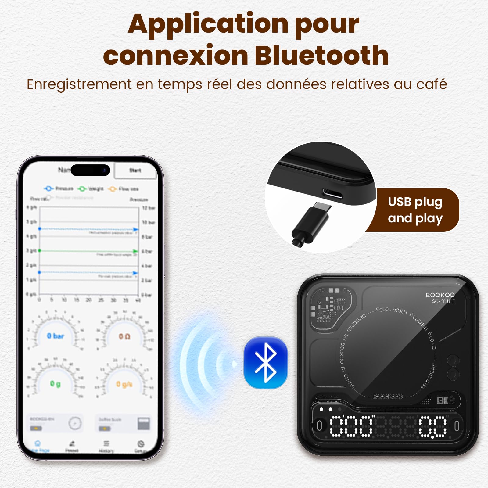 BOOKOO Balance Café avec Minuterie, 0,1 g & 0,1 g/s Haute Précision, USB Rechargeable, 3 Modes, App de connexion Bluetooth, Mini Balance de Précision pour Espresso, Café Filtre, Slow Coffee