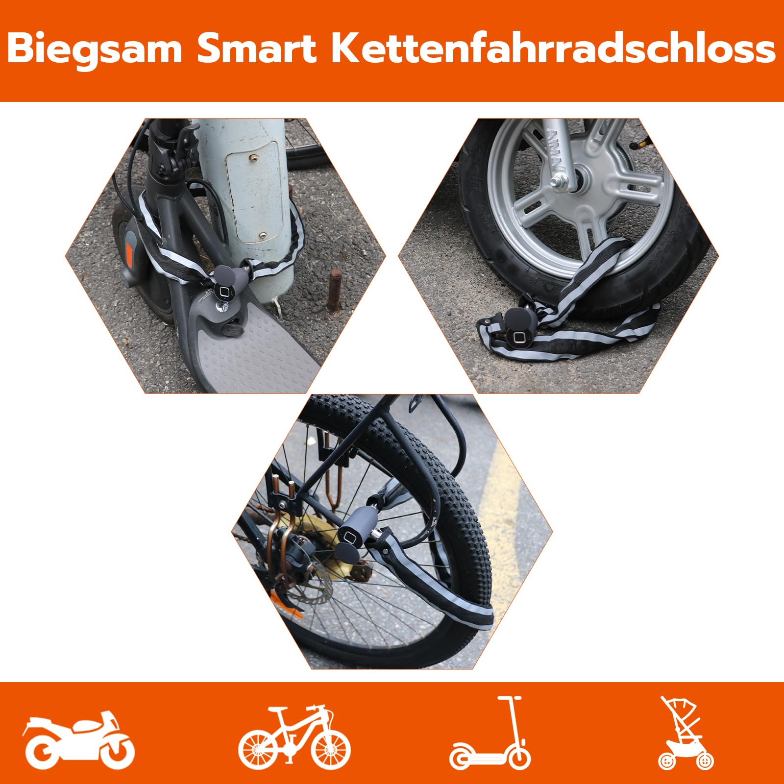 Eseesmart Serratura a catena per bicicletta, con impronte digitali, con app per telefono, lunghezza 100 cm, impermeabile, senza chiave