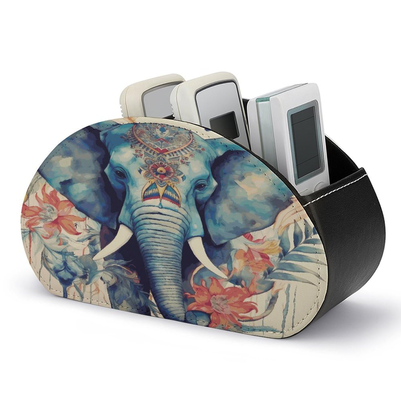 LZQPOEAS Peacock Feathers Elephant Remote Control Holder with 5 Compartments PU Leather Remote Organizer Box Caddy for Table Nightstand Remote Caddy Desktop Organizer Fits Media Controllers