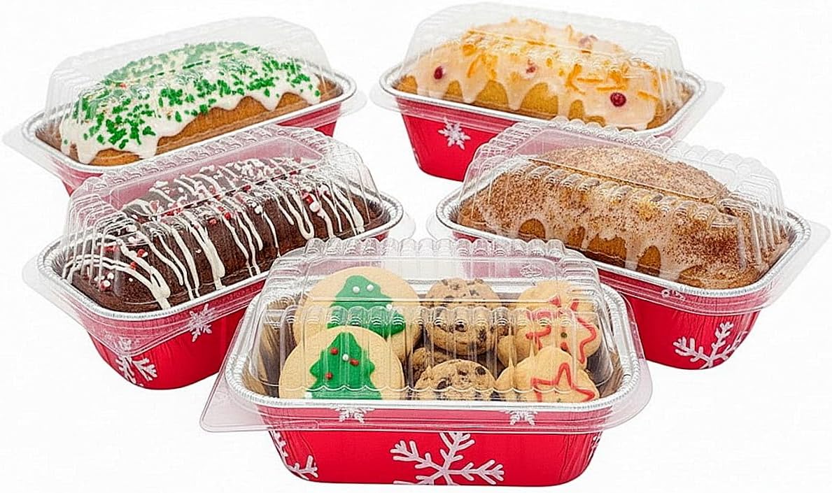 PACTOGO Disposable 1 lb. Red Holiday Christmas Snowman Aluminum Foil Small Mini Loaf/Bread Baking Pans with Clear Dome Lids (Pack of 200 Sets)