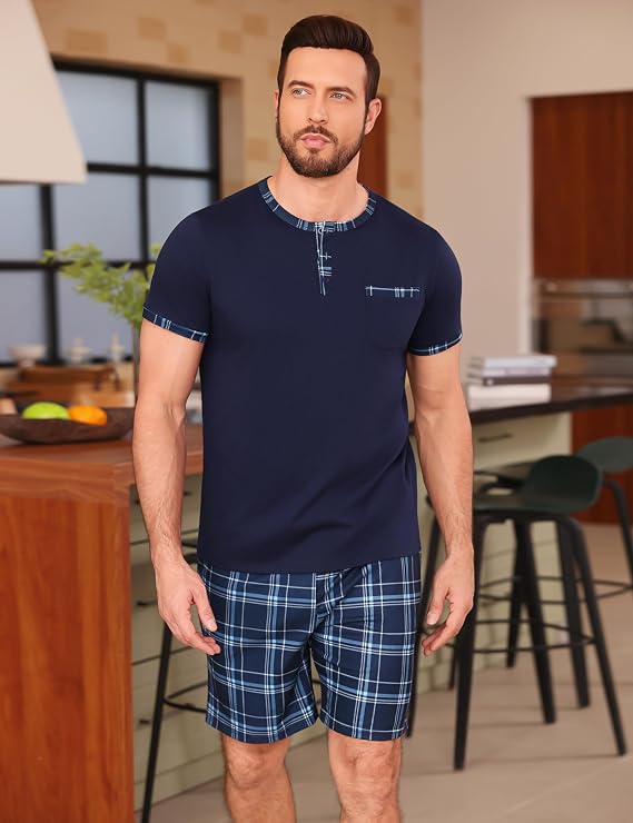Litherday Men's Pyjamas Set Cotton Short Sleeve PJs Set for Men Summer Crew Neck Sleepwear Loungewear with Pockets