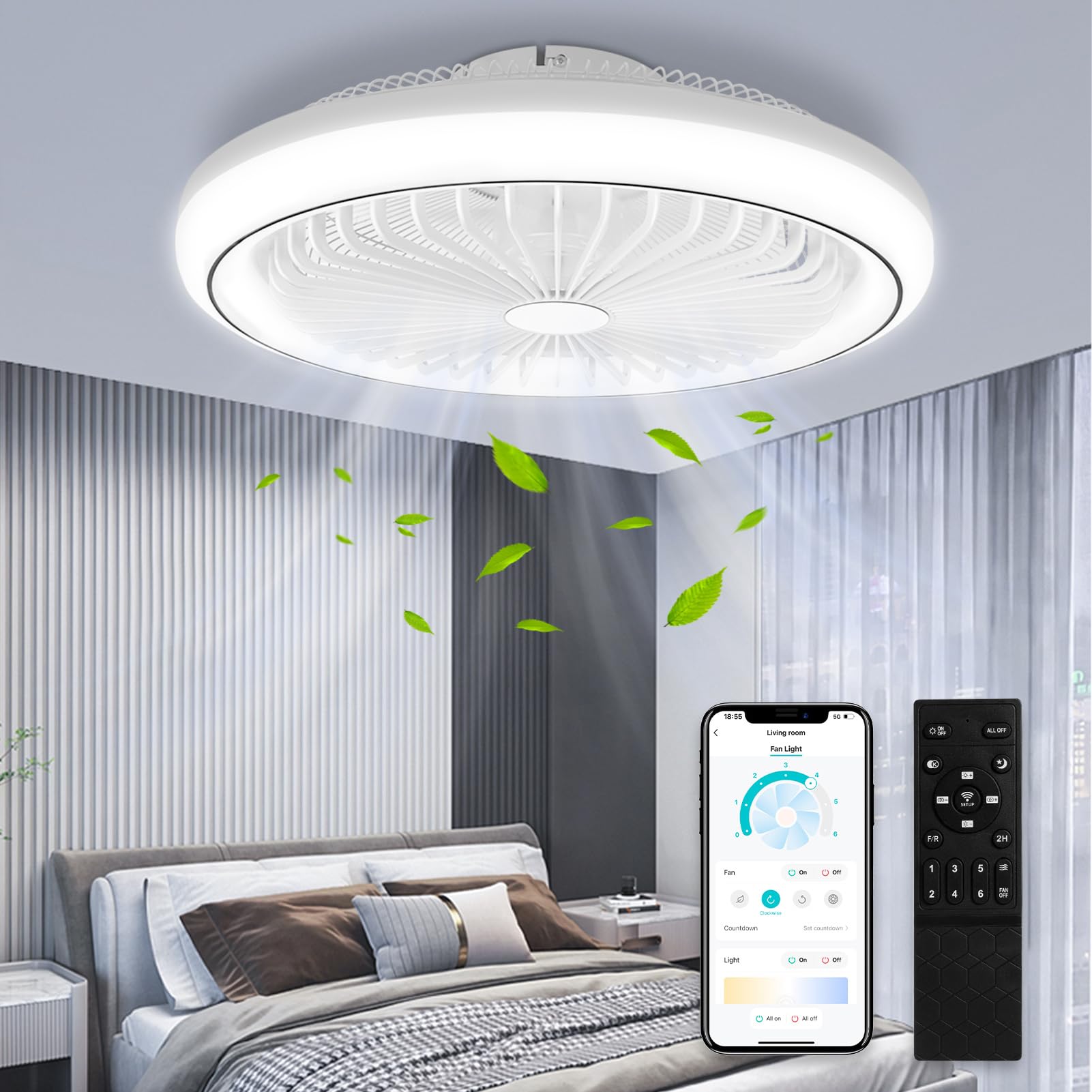 Deckenventilator mit RGB-Licht (3000K-6500K) & Fernbedienung – 6 Geschwindigkeiten, Timer, Lichtspeicher, 7 reversible Flügel – lampe mit ventilator Ideal für Wohnzimmer & Schlafzimmer
