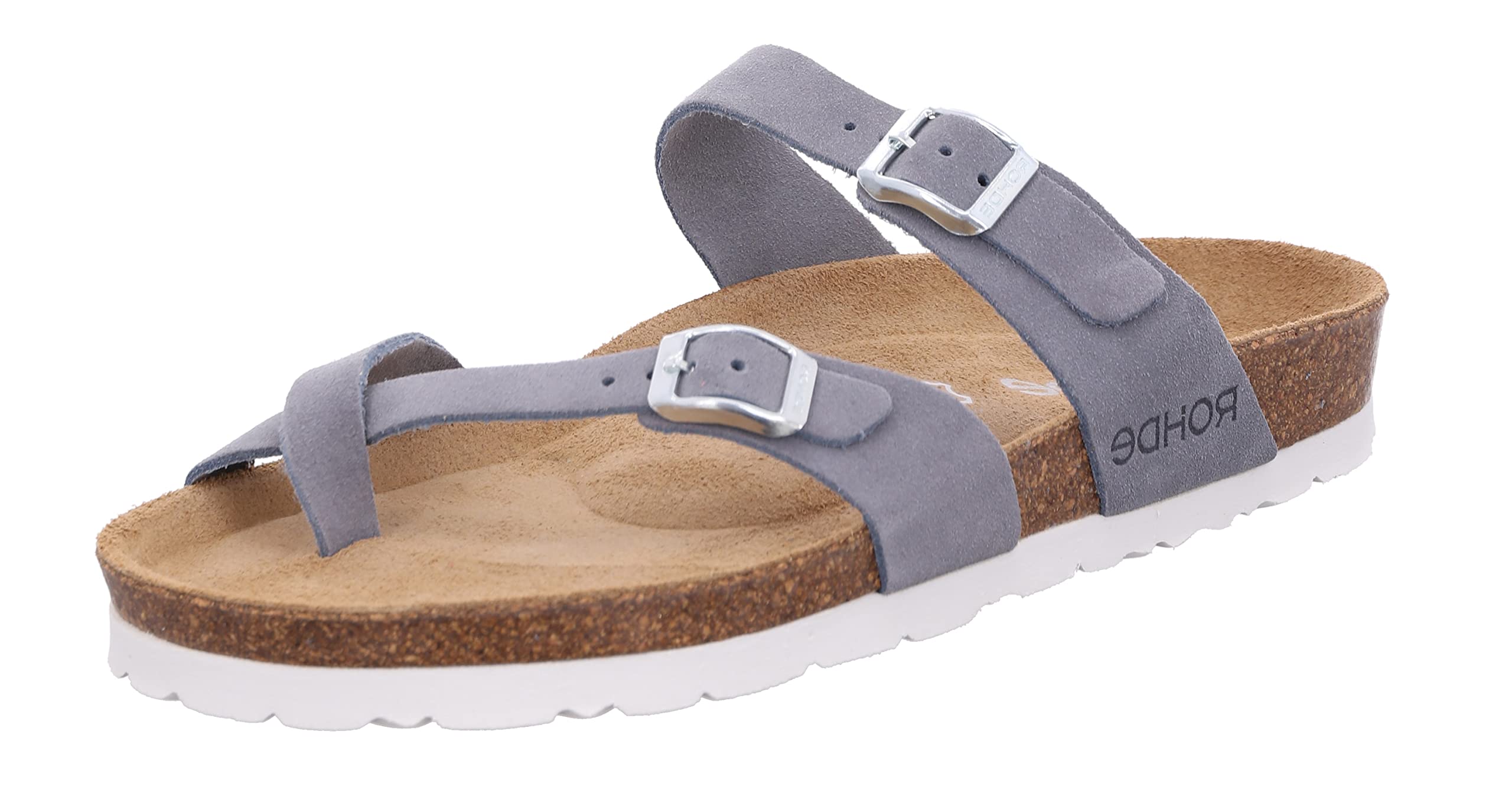 Rohde Damen Zehentrenner Pantolette Leder Schnalle Kork Fußbett Alba 5573, Größe:42 EU, Farbe:Grau