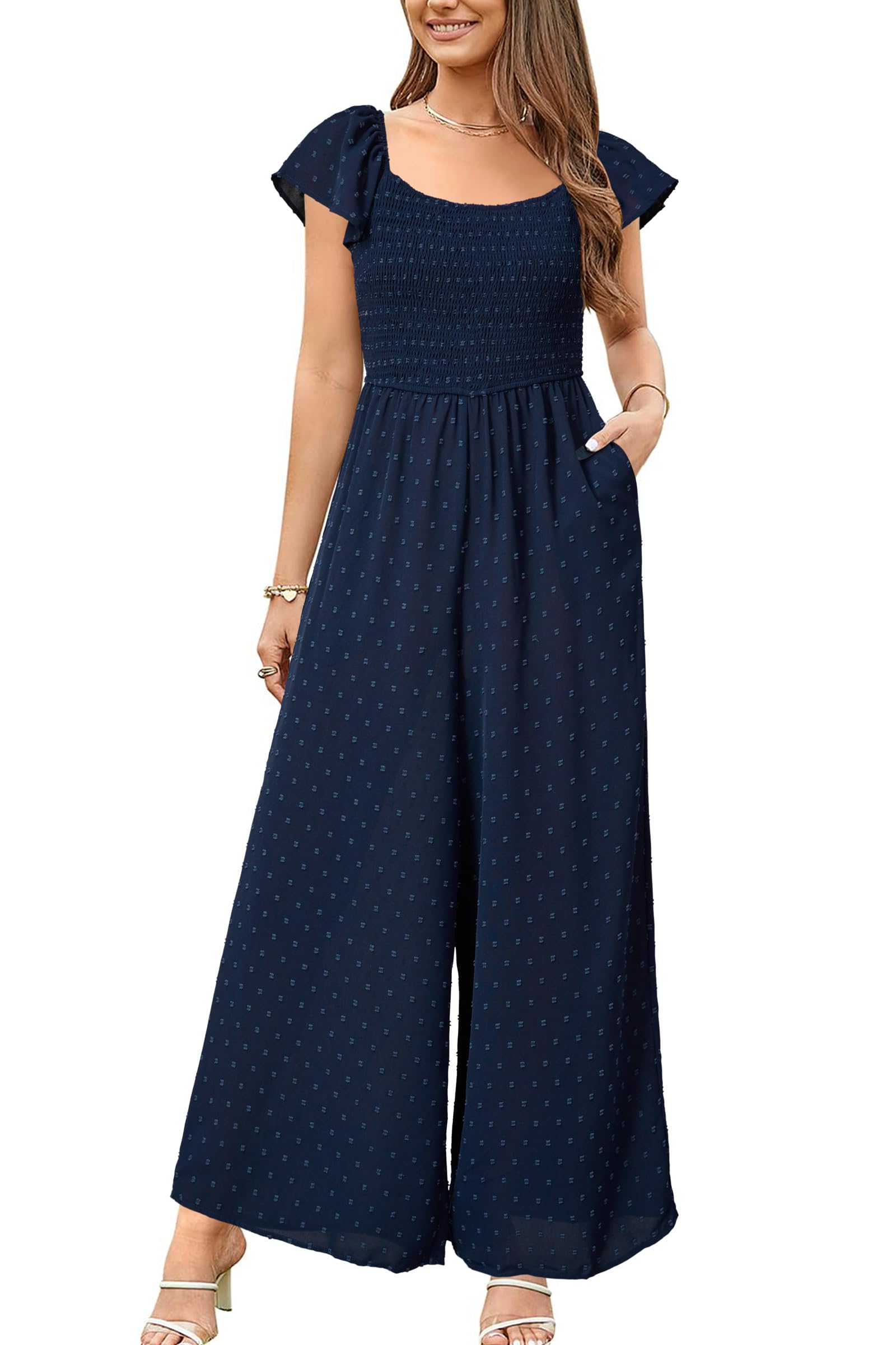 VOTEPRETTY Jumpsuit Damen Elegant Sommer Kurzarm Quadratischer Ausschnitt Overall Weites Bein Lang Outfits mit Taschen