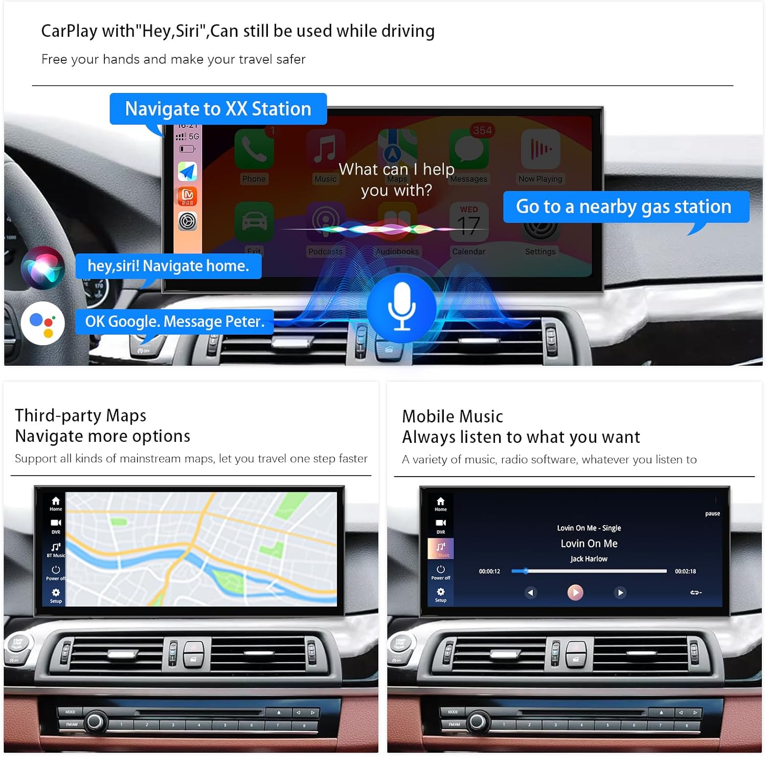 Image demonstrating CarPlay functionality with voice commands, showing navigation to a station and mobile music playback options.