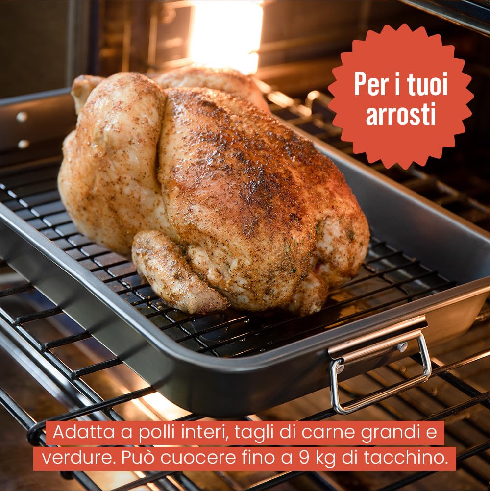 Chef Pomodoro Teglia con Griglia da Forno (41 x 28 cm), Teglia Forno Rettangolare Antiaderente in Acciaio al Carbonio, Gratella di Raffreddamento per Arrosti e Fritti