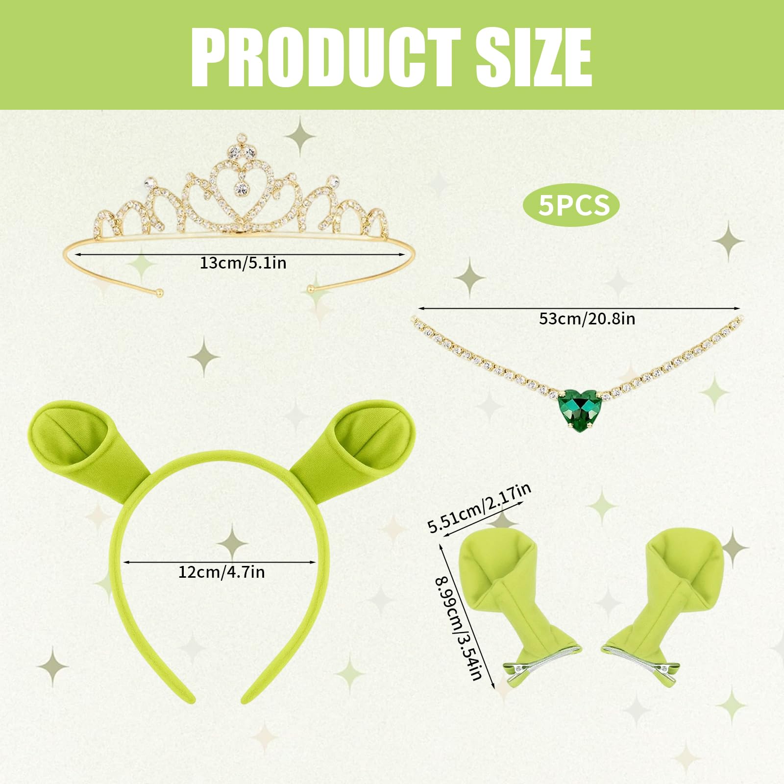 Green Headband, World Book Day Costumes, 5Pcs Cute Ears Headband Set including Crown, Necklace And Hair Clips - Image 2