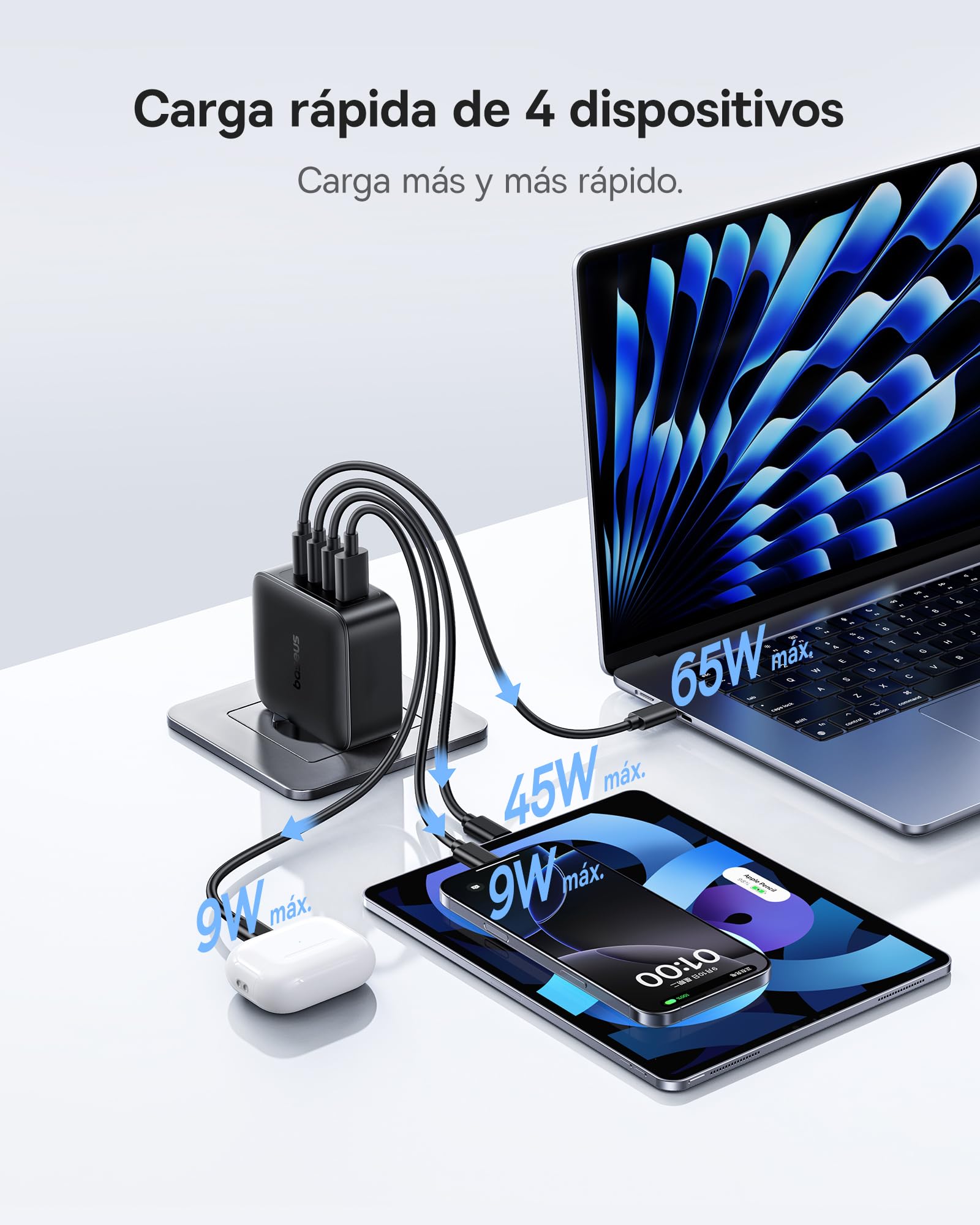 Baseus Enerfill Cargador USB C 140W, 4 Puertos USB C, PD con PPS, GAN Cargador Rápido Compatible con MacBook Pro/Air, iPad Pro, iPhone 17/16/15/14/13 Seire, Galaxy S25/24, Pixel 9 8, Steam Deck