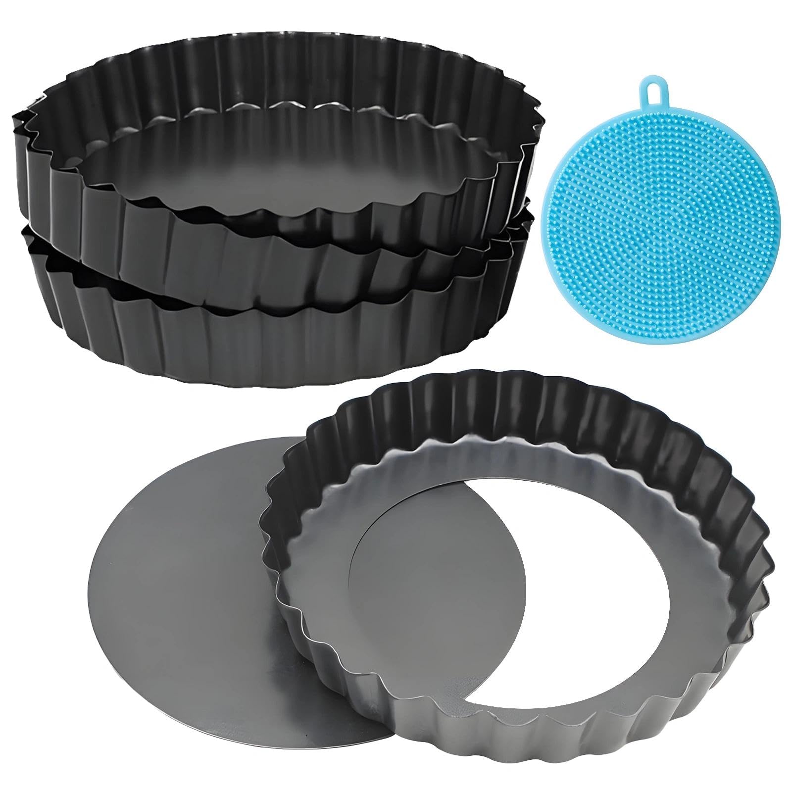 JIESHEPR 4 Pack 10cm Tart Tins with Removable Loose Bottom, Non-Stick Quiche and Tart Pan, Mini Tarts Tins, Fluted Round Mould, with Silicone Dish Brush, for Baking Pies Flans Cheese, 10cm/3.94inch