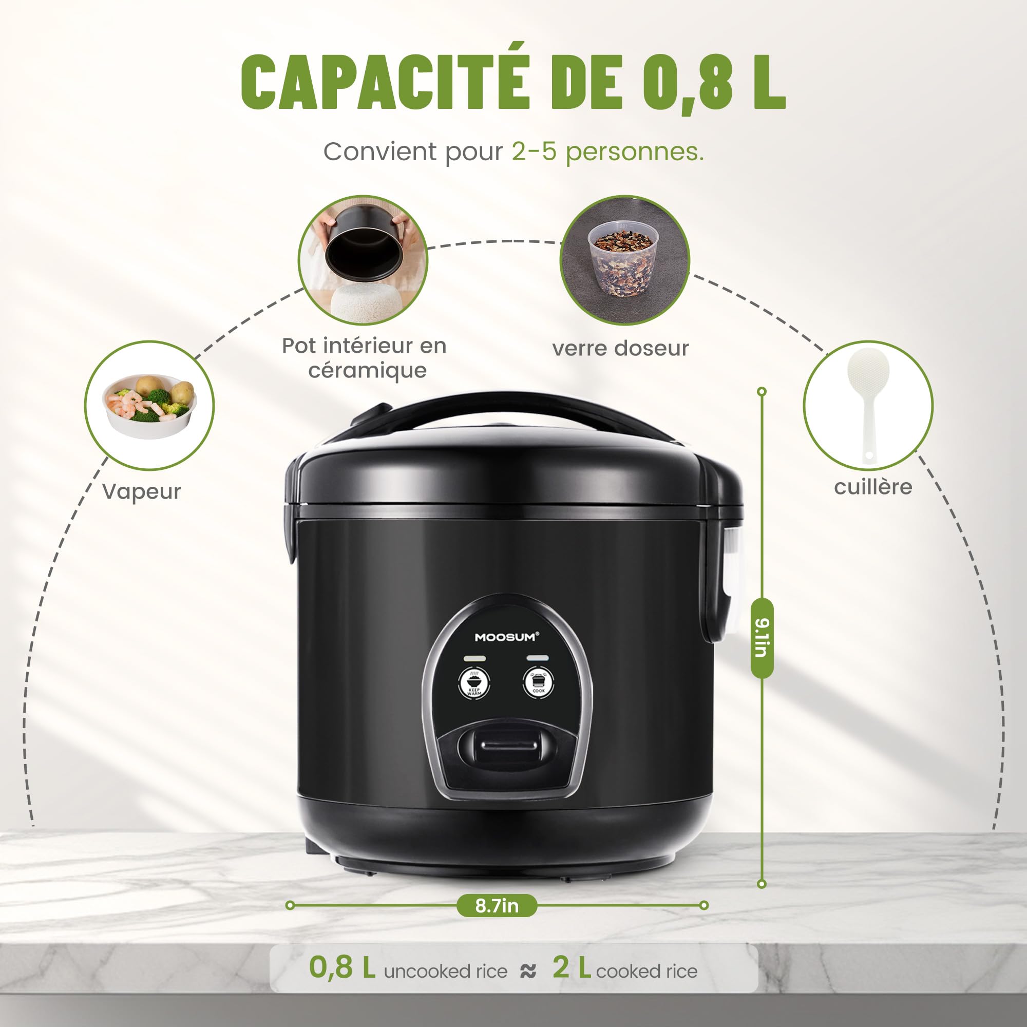 Cuiseur riz (rice cooker) & cuiseur à vapeur Noir avec fonction de maintien au chaud - 0,8 l pour 2-5 personnes - Revêtement céramique avec insert pour cuiseur à vapeur,Noir