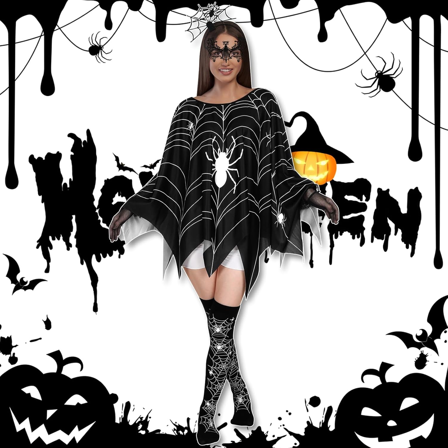 Newcotte 5 Pcs Women Halloween Spider Costume Accessory Spider Web Dress Poncho Cape Hair Hoop Stockings Lace Mask Choker - Image 2