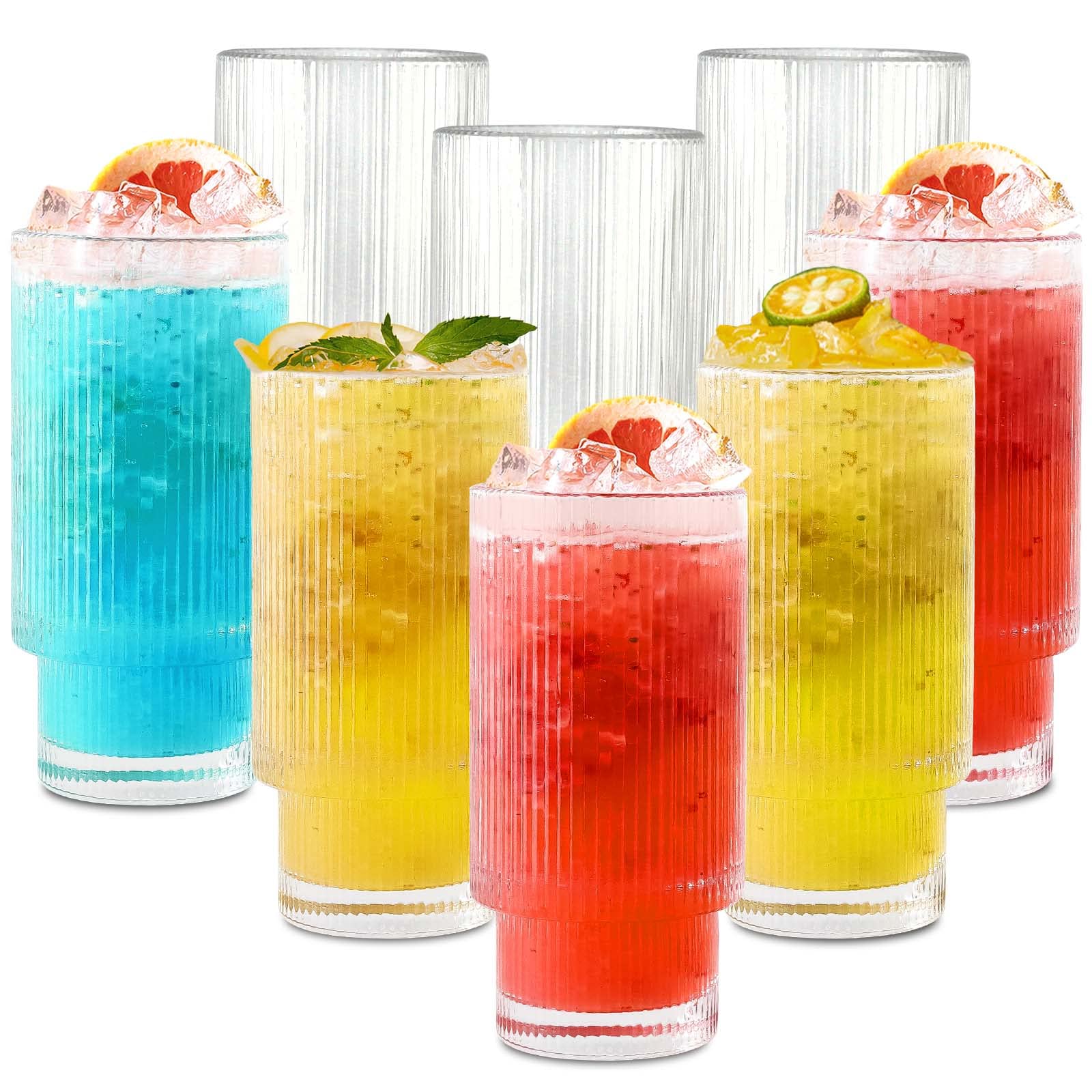 Pouheshi Ribbed Glass Cups,Vintage Glassware,Beverage Glasses,10 oz