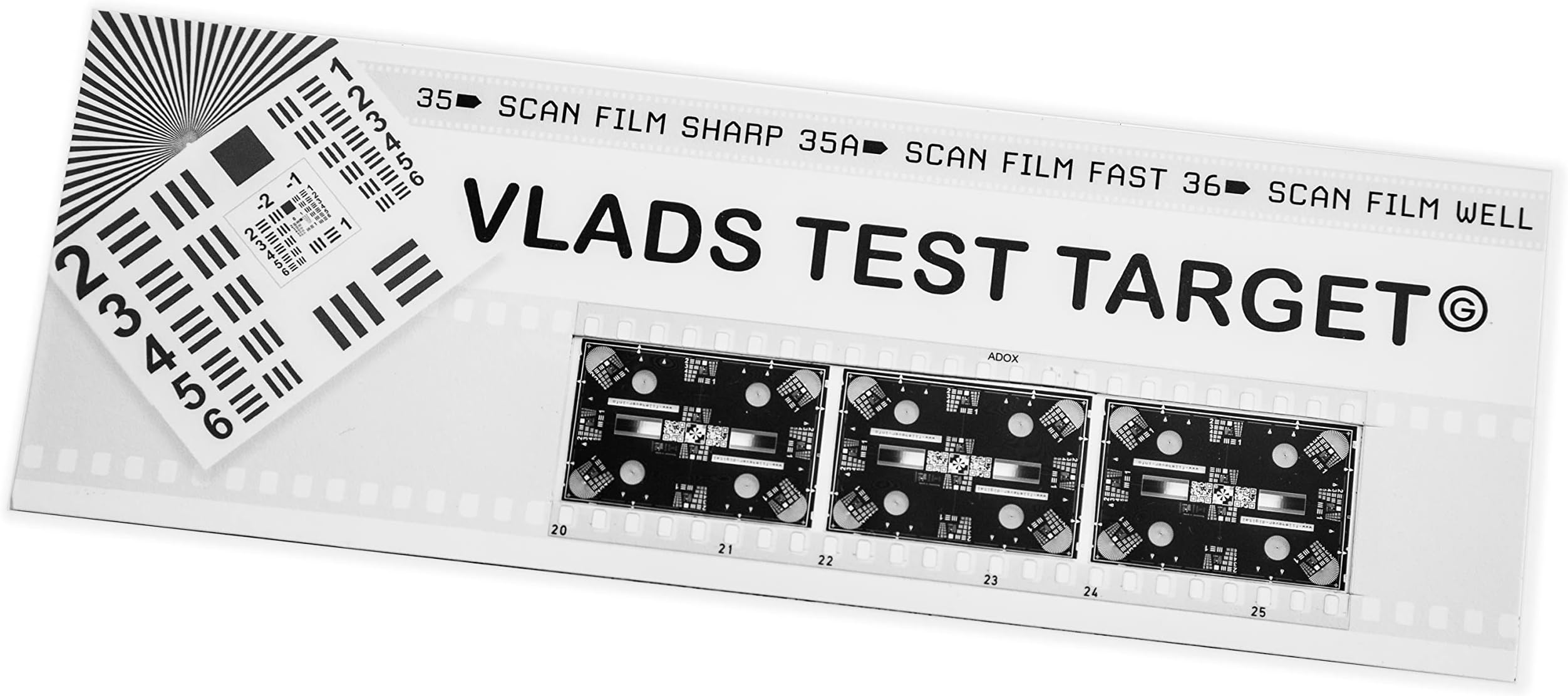 Scan Film Sharp with Vlads Focus Checker. 35 mm High-Resolution Calibration Target Chart for Camera Scanning. Explore the Full Potential of Your Lens – Sharpness and Resolution. Frames per Strip 3.