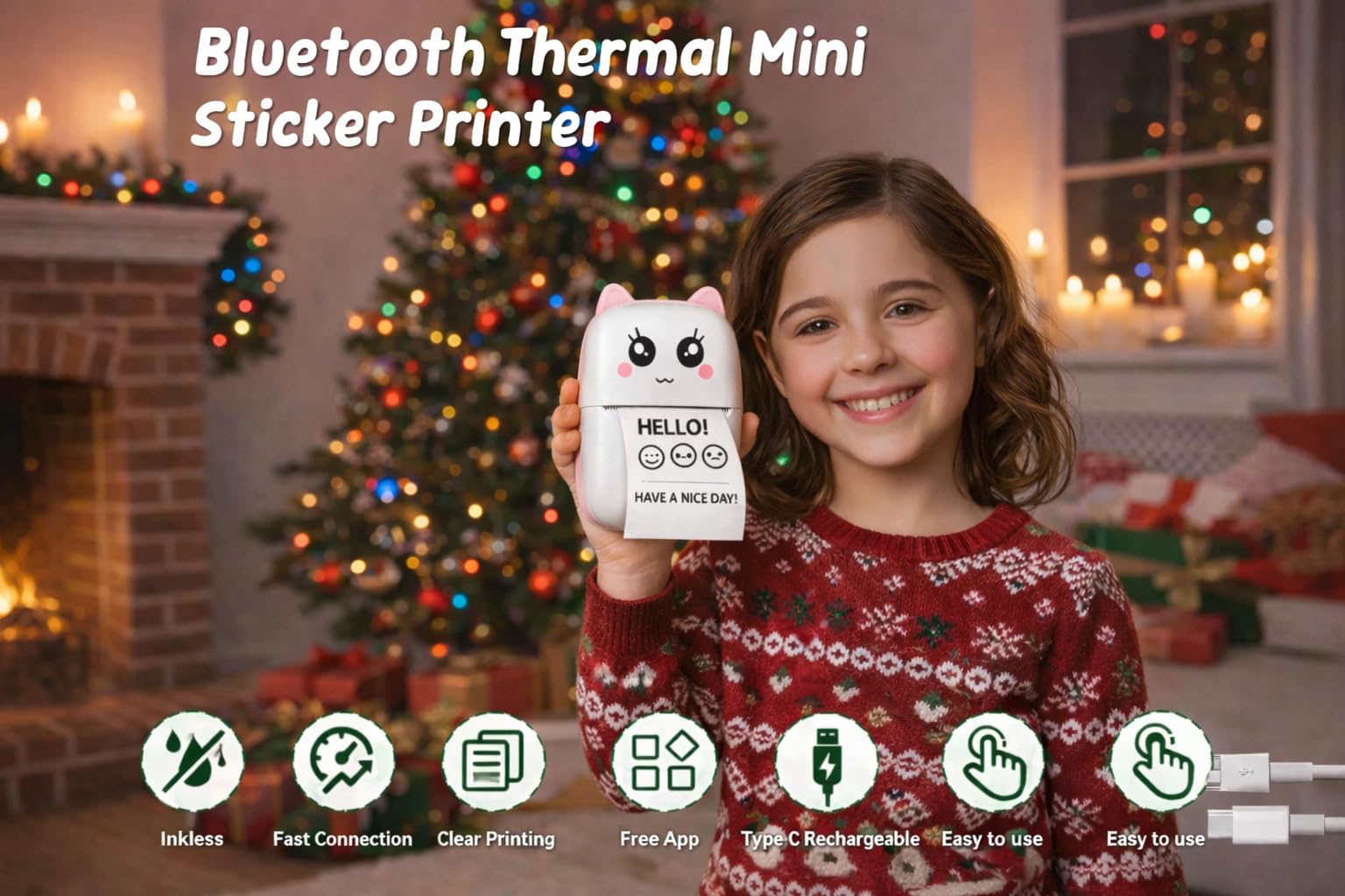 Brand Conquer Mini Bluetooth Thermal Printer for Kids | Cute Kitty Design | Portable & Rechargeable | Ink-Free Printing | Safe & Durable | Ideal for Students, Notes, Stickers & Fun Learning (Pink) 1
