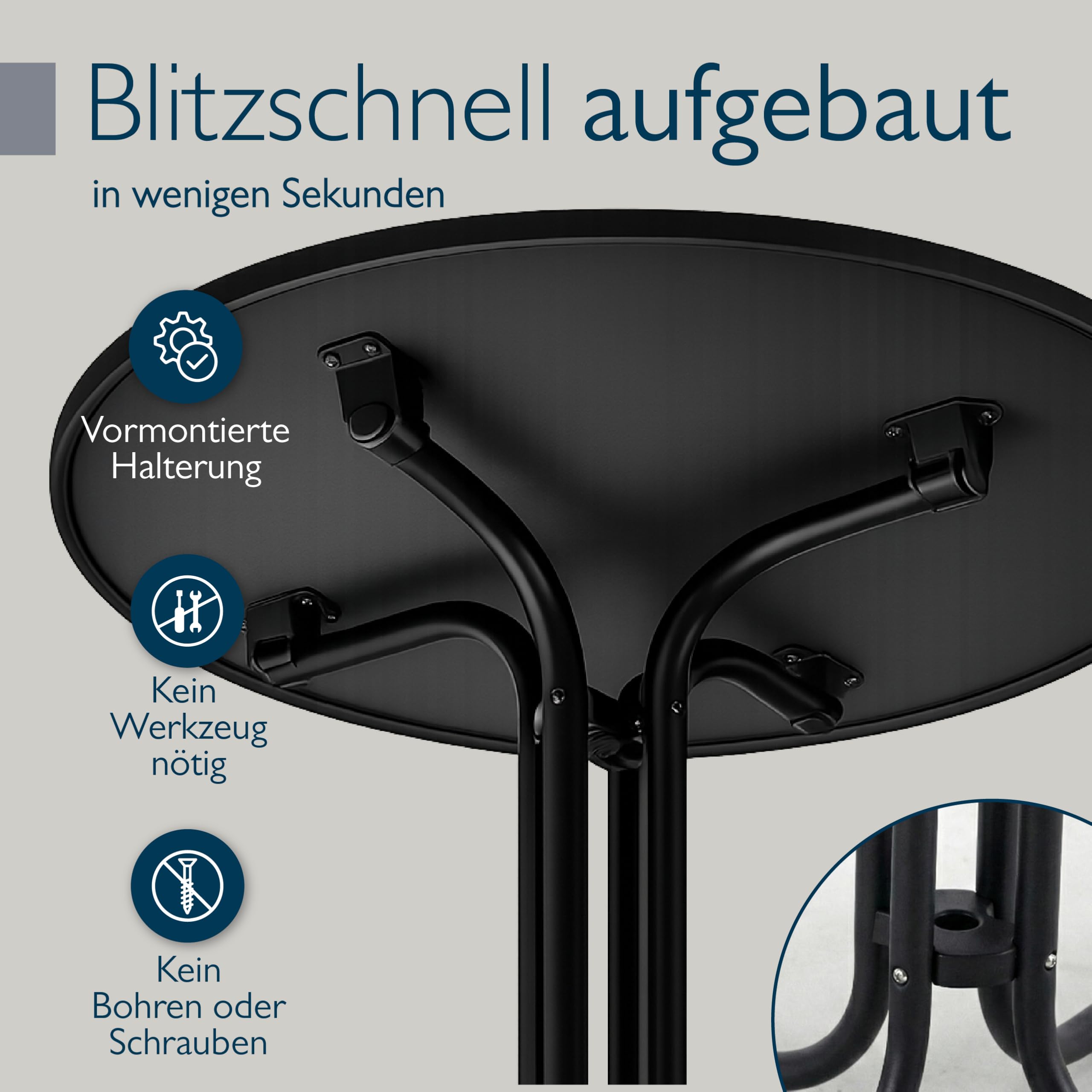 Beautissu Bistrotisch Outdoor Rund Ø 80 cm Wasserfest – Beistelltisch Balkontisch Wetterfest Gartentisch Rund Klappbar 70 cm hoch – Campingtisch Partytisch Esstisch Gastro – Schwarz Bistroni