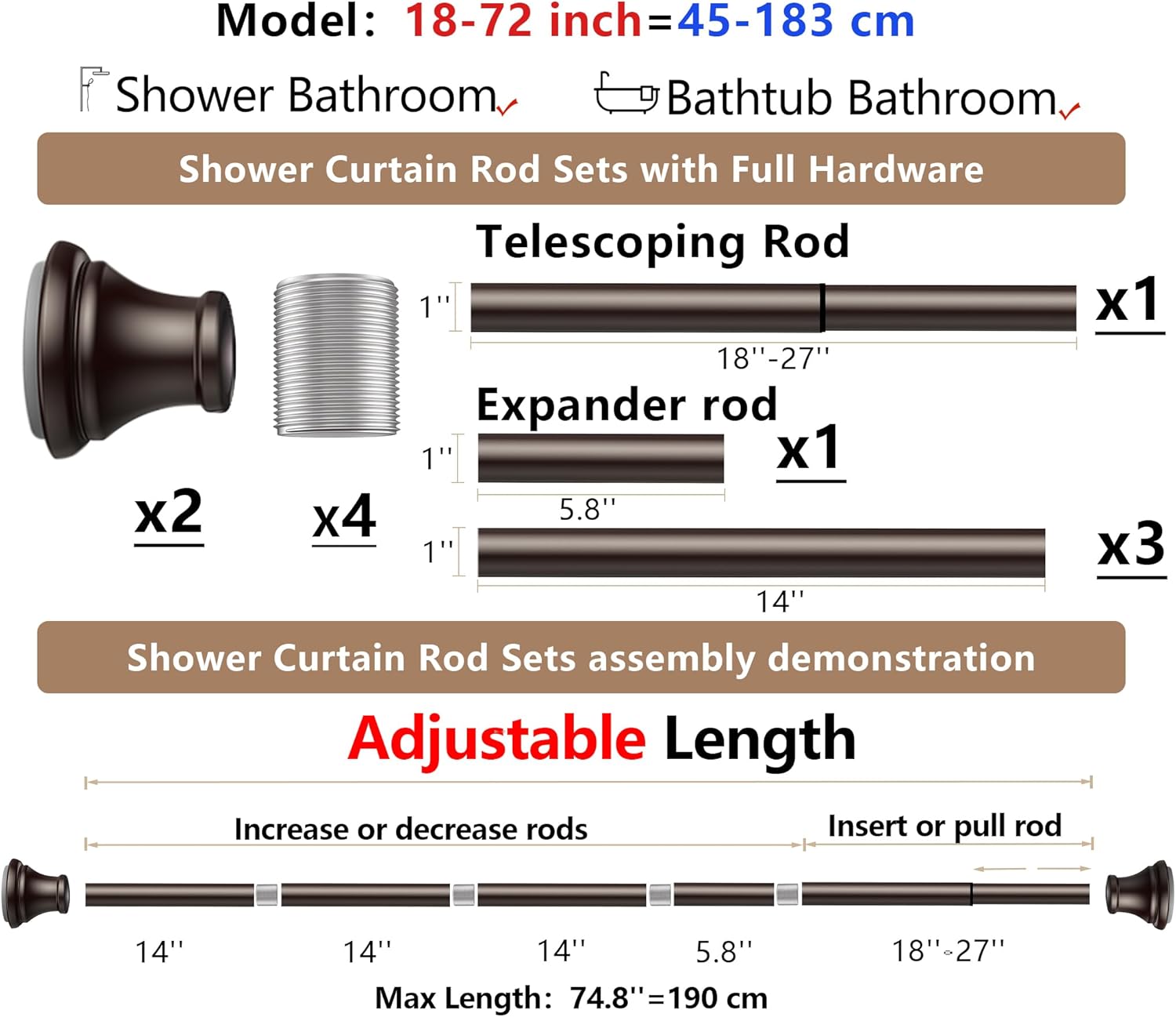 Oil Rubbed Bronze Shower Curtain Rods,18-72 Inches, Rust Resistance, Adjustable Tension Rod with Durable Spring, No Drilling, Use for Bathroom, Bedroom, Kitchen, Balcony, Home