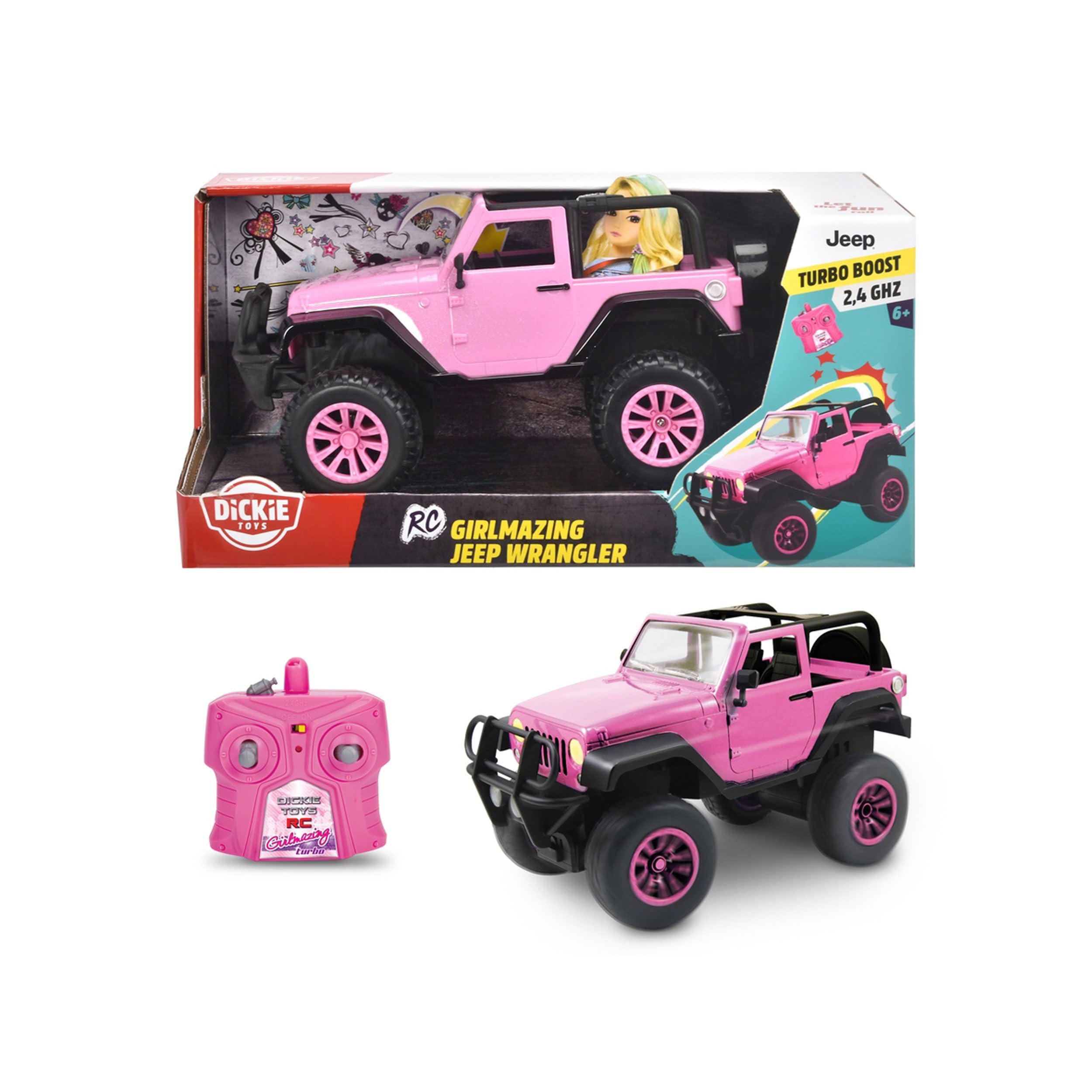 Dickie Toys RC SUV Girlmazing samochód zdalnie sterowany Jeep Wrangler, z 2 kanałami, 2,4 GHz, Turbo, w zestawie naklejki, od 6 lat, błyszczący metaliczny róż.