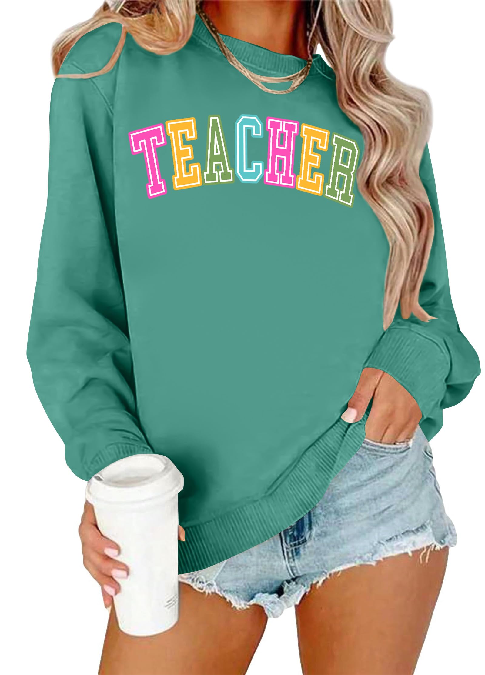 PECHAR Teacher Sweatshirt for Women: Colorful Teacher Crewneck Sweatshirt Teach Long Sleeve Pullover Shirt Tops