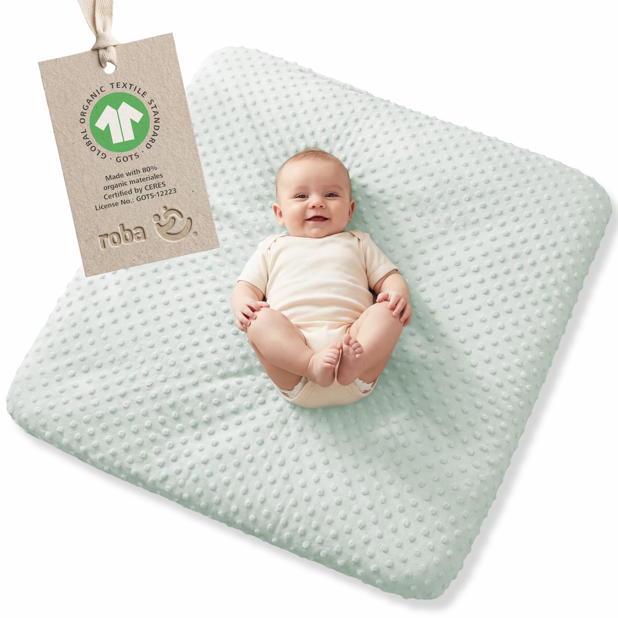 roba Lil Planet Fitted Changing Pad Cover 85 x 75 cm - Washable - Organic Cotton Jersey - Oeko-TEX® and GOTS Certified - Frosty Green/Terry Dots Design