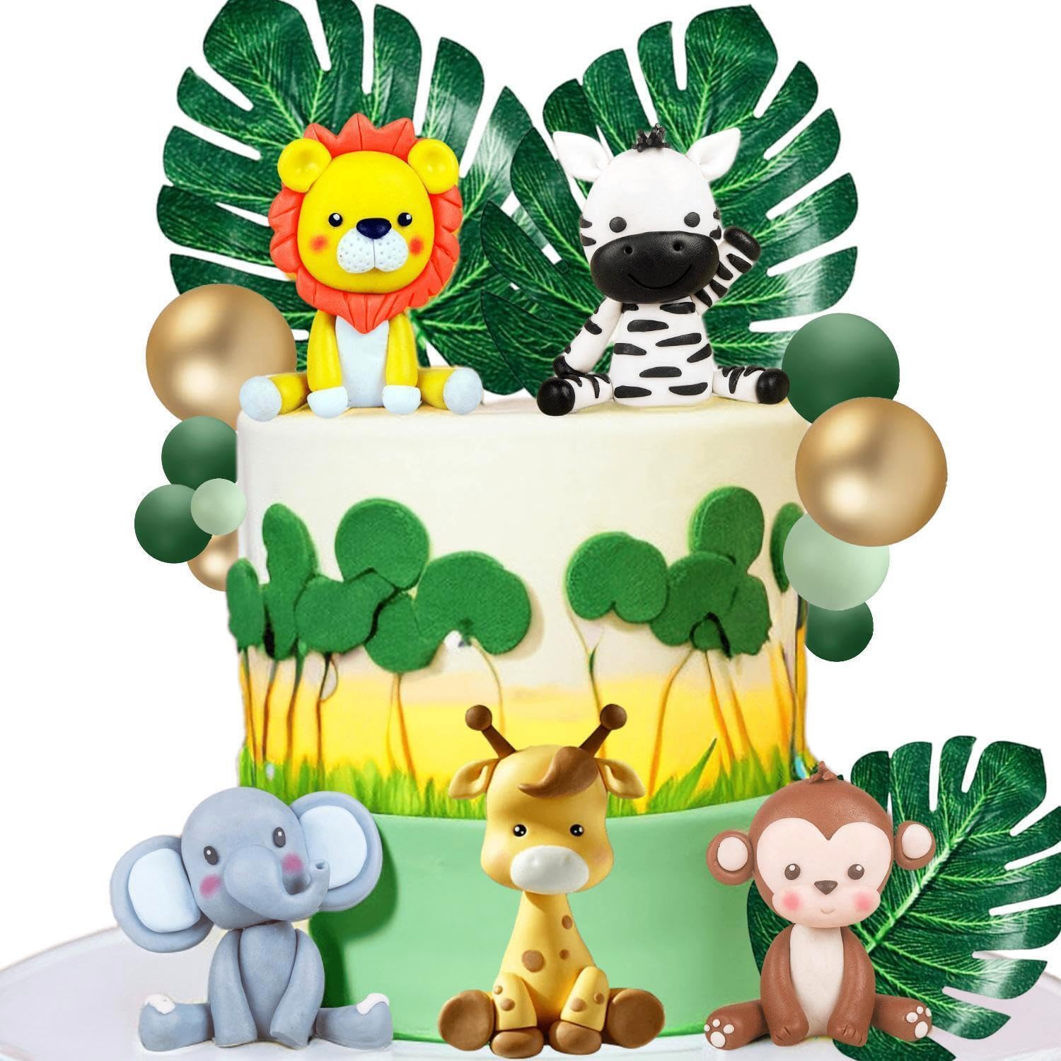 20 decoraciones para tartas de animales de safari de la selva con león, jirafa, mono, elefante, cebra, bolas coloridas, hojas, decoración de pastel para baby shower, safari, suministros de