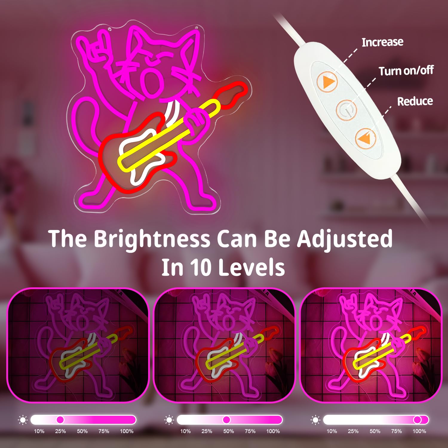 Insegne al neon per chitarra a forma di gatto per decorazione da parete dimmerabile Rock & Roll Kitty Luci al neon USB Gatto che suona la chitarra Segno Led Musica Gatti Decorazione da