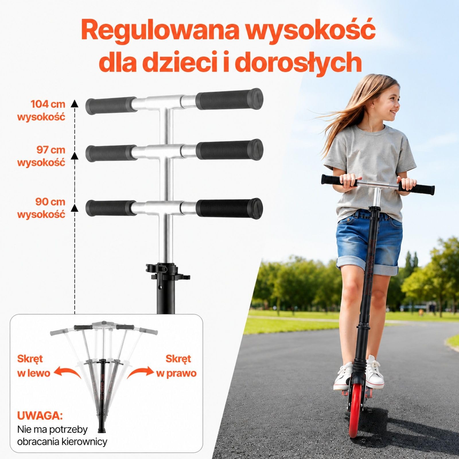 Składana hulajnoga miejska z 2 kołami PU, regulowaną kierownicą, lekką ramą, czarno-czerwona