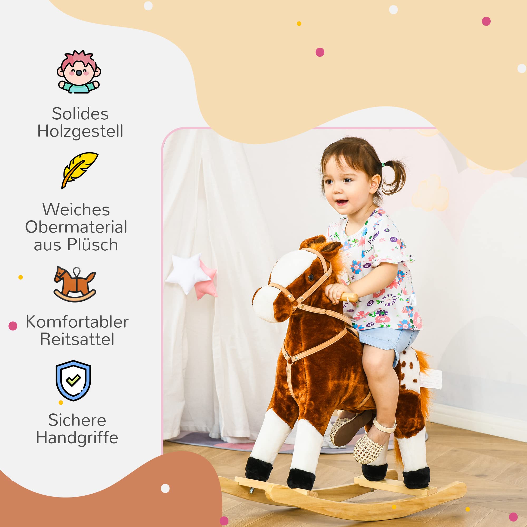 HOMCOM Kinder Schaukelpferd Schaukeltier Schaukelspielzeug Wiehern Braun 74x28x65cm