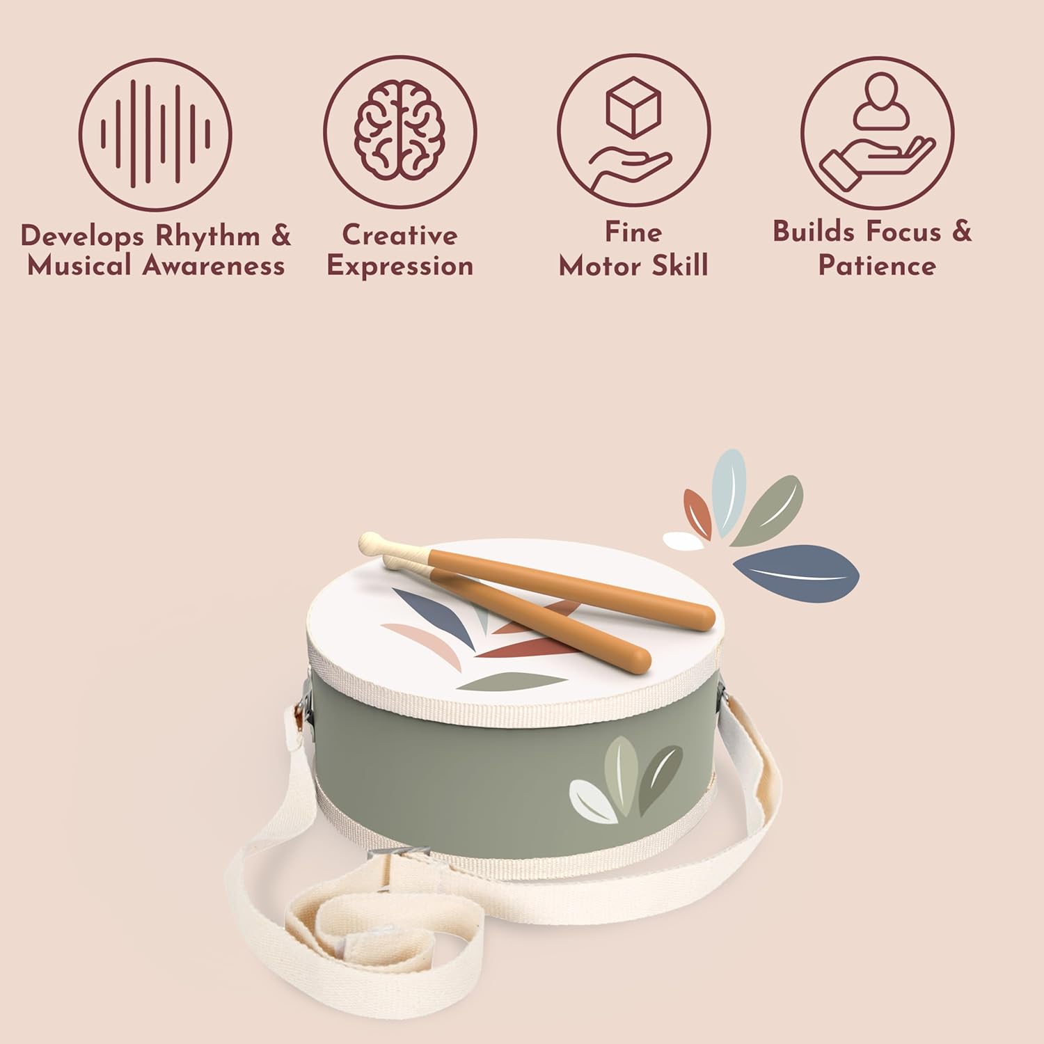 SPEEDY MONKEY Kids Drum Set – FSC Wooden Baby Drum Kit with Adjustable Strap & 2 Drumsticks, Colorful Toddler Percussion Instrument for Rhythm & Music, Fun Preschool Musical Toy for Boys & Girls