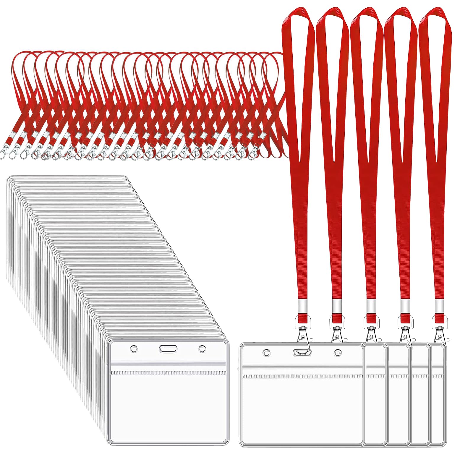 XHDARed 50PCS Lanyards for Neck with 50PCS Card Holder, Lanyard with Clear Card Holder，Lanyard and Plastic Card Holder for ID Card and Staff