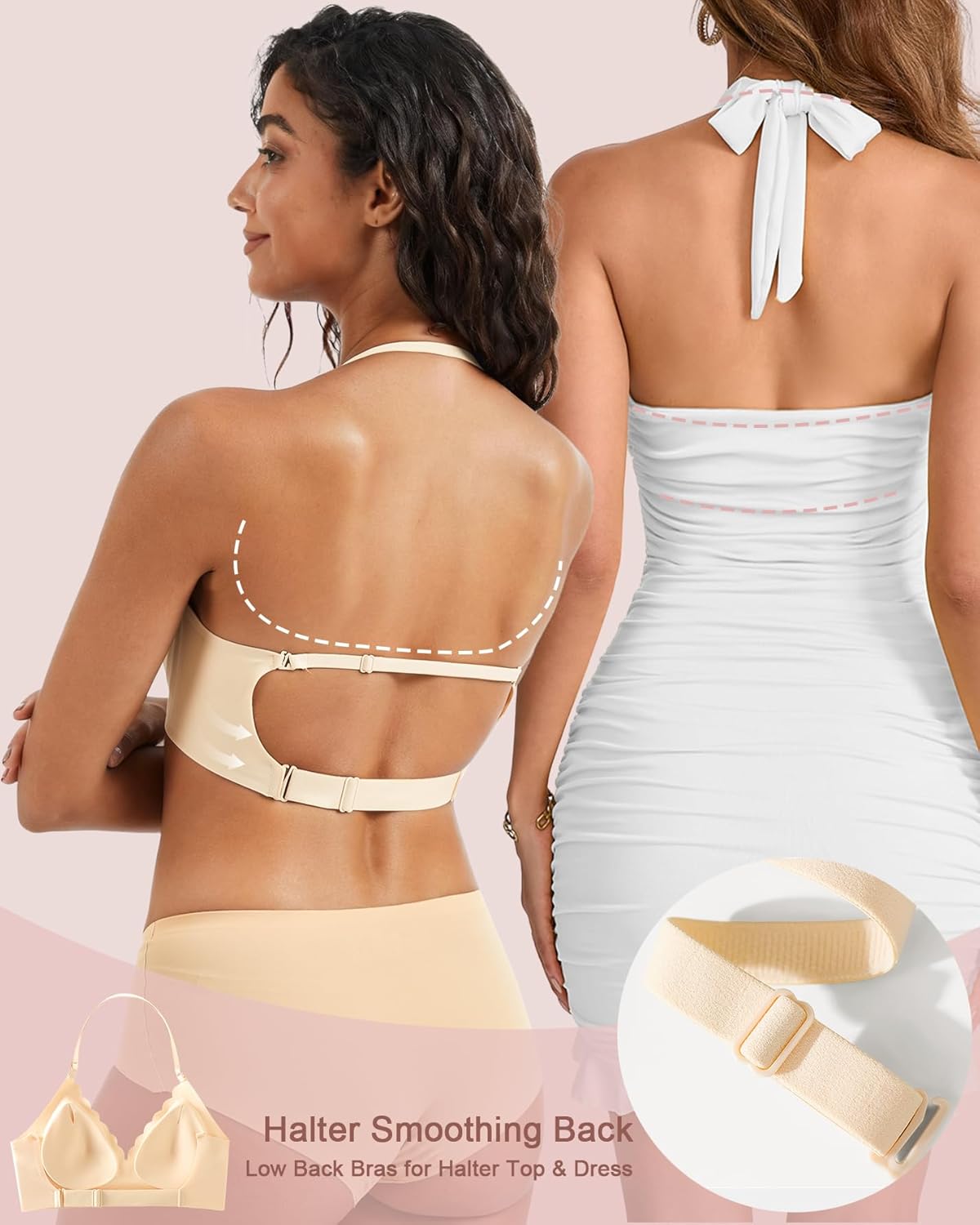 Low Back Bra - Halter Bra Backless Padded Low Cut Seamless Wave Bras Scalloped V Neck Criss-Cross Multiway Bralette - Image 4